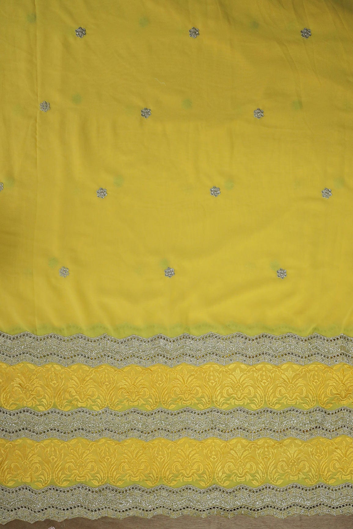 Big Width''56'' Yellow Thread With Zari Ethnic Embroidery Work On Yellow Georgette Fabric With Border - doeraa