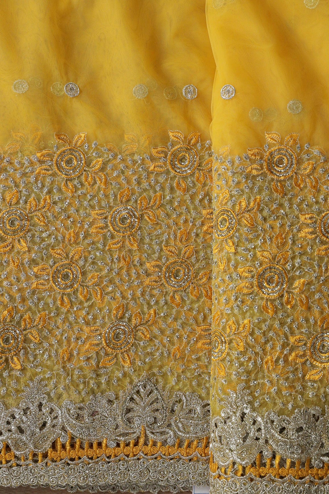 Big Width''56'' Yellow Thread With Zari Floral Embroidery Work On Yellow Soft Net Fabric With Border - doeraa