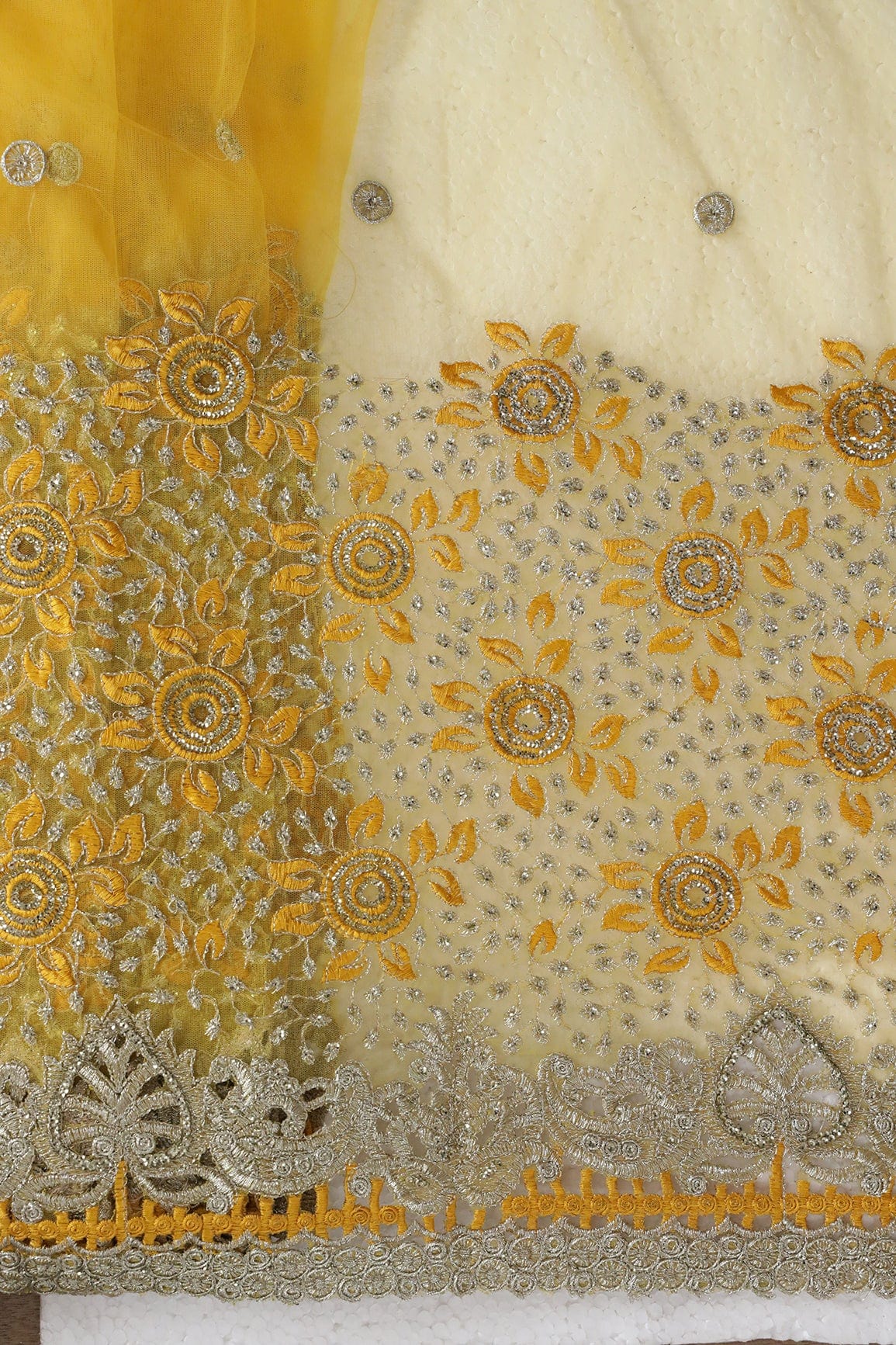 Big Width''56'' Yellow Thread With Zari Floral Embroidery Work On Yellow Soft Net Fabric With Border - doeraa