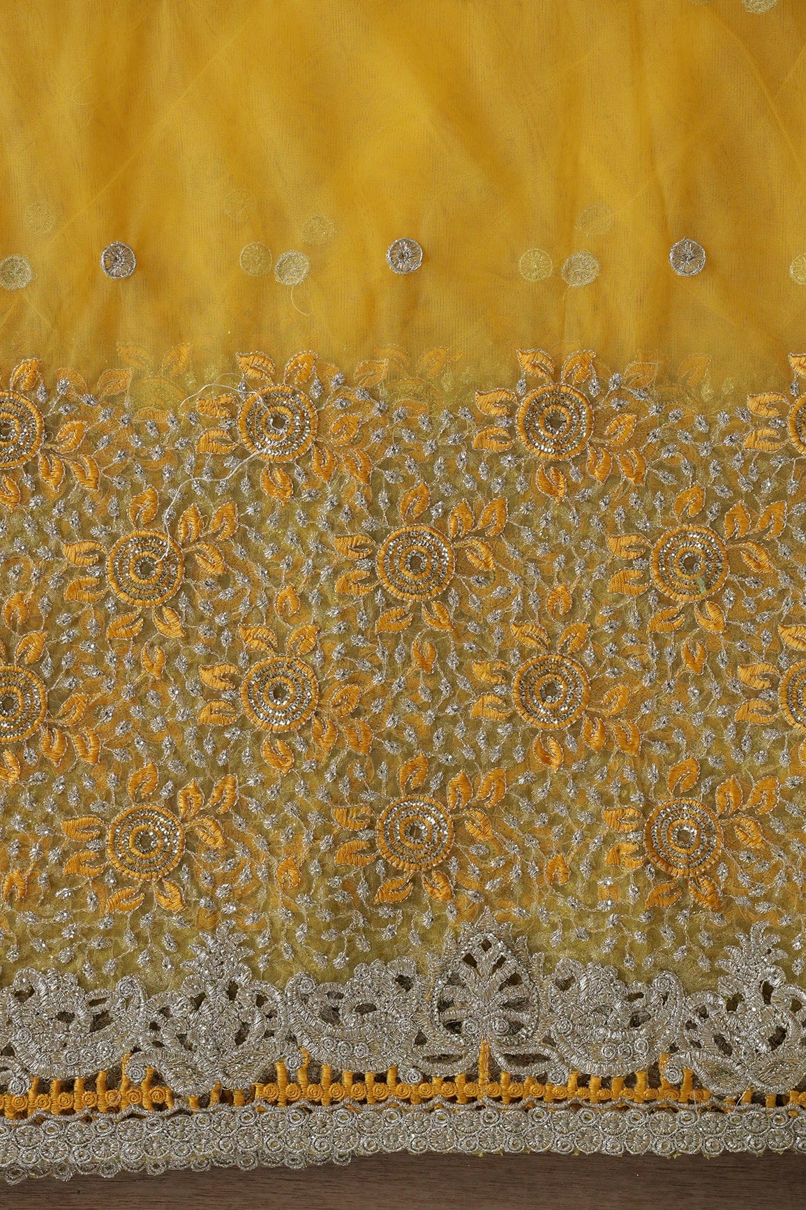 Big Width''56'' Yellow Thread With Zari Floral Embroidery Work On Yellow Soft Net Fabric With Border - doeraa