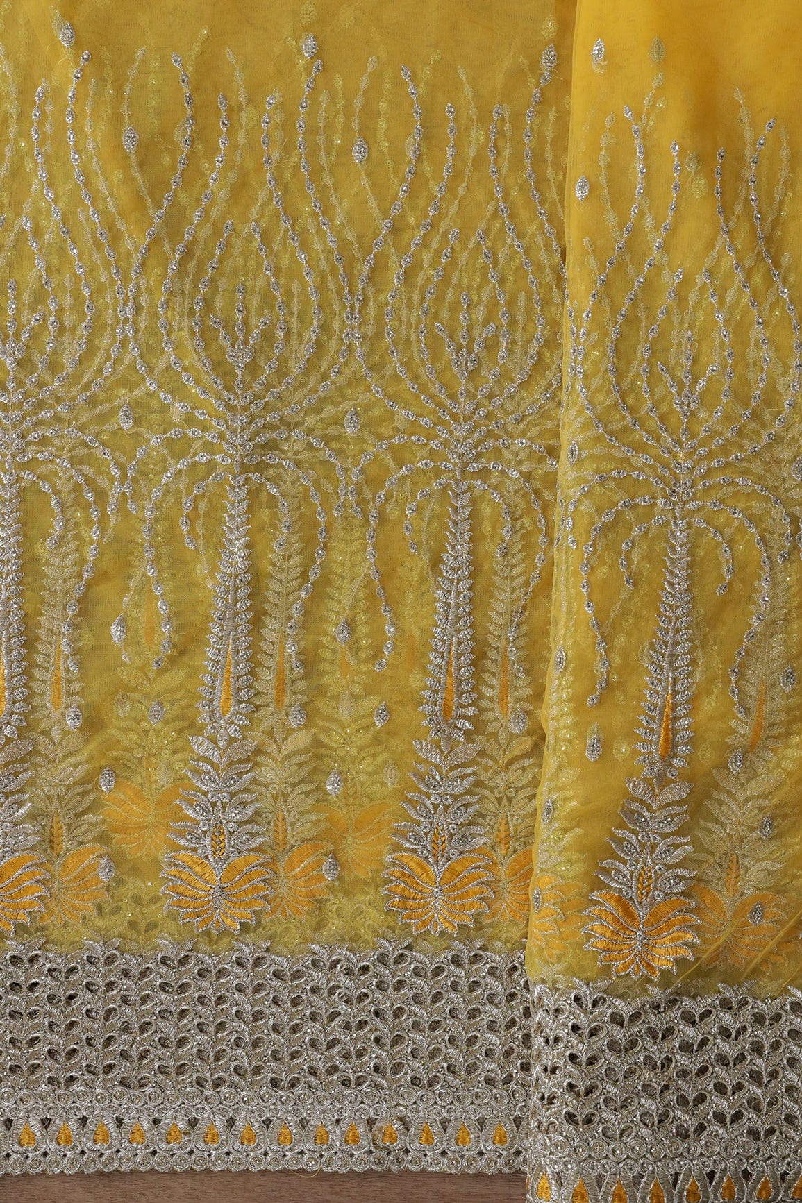 Big Width''56'' Yellow Thread With Zari Traditional Embroidery Work On Yellow Soft Net Fabric With Border - doeraa