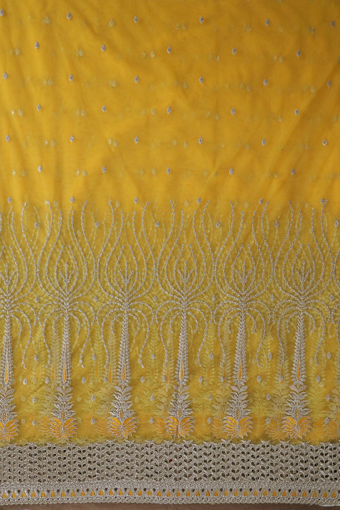 Big Width''56'' Yellow Thread With Zari Traditional Embroidery Work On Yellow Soft Net Fabric With Border - doeraa