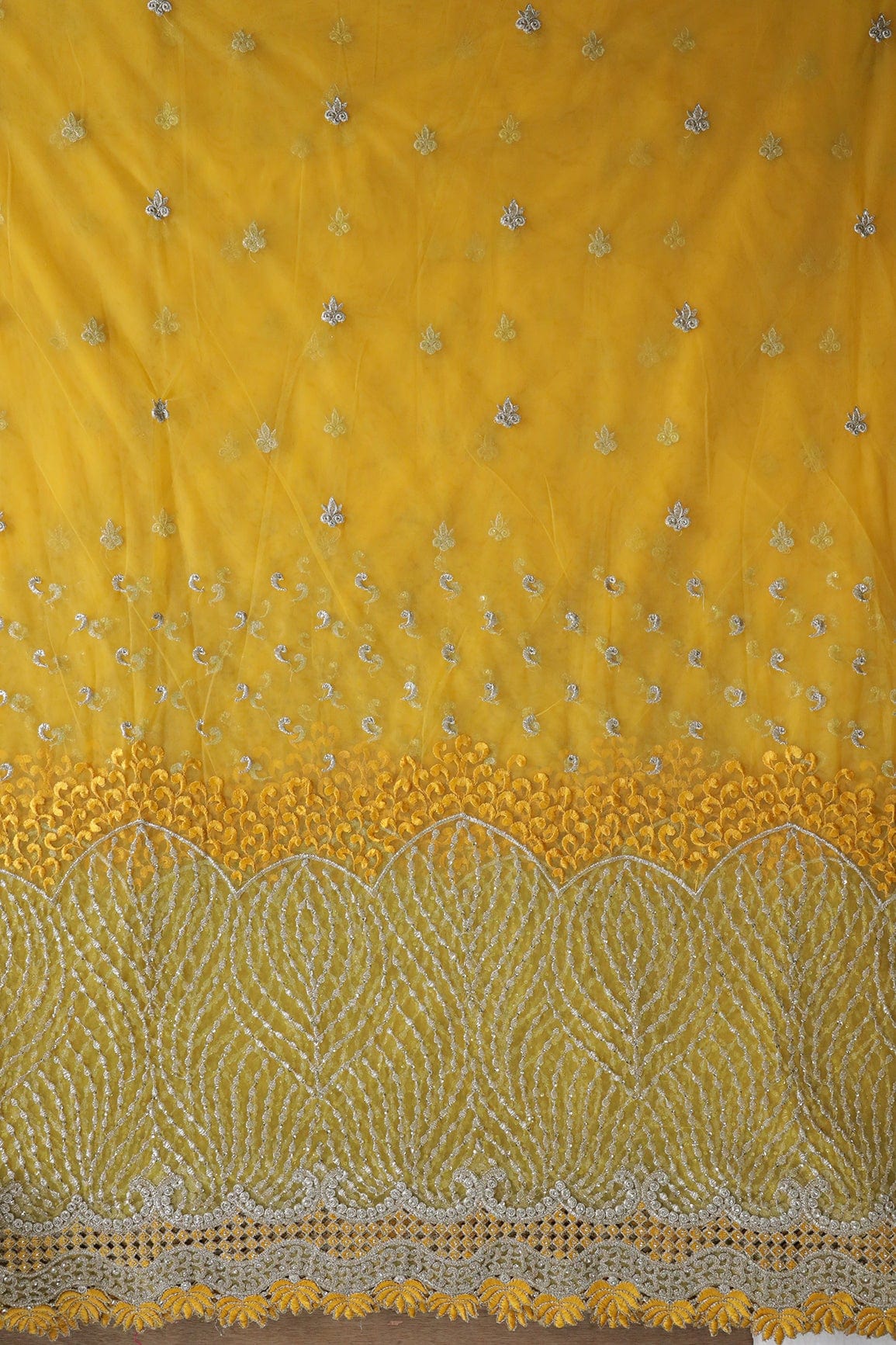 Big Width''56'' Yellow Thread With Zari Traditional Embroidery Work On Yellow Soft Net Fabric With Border - doeraa