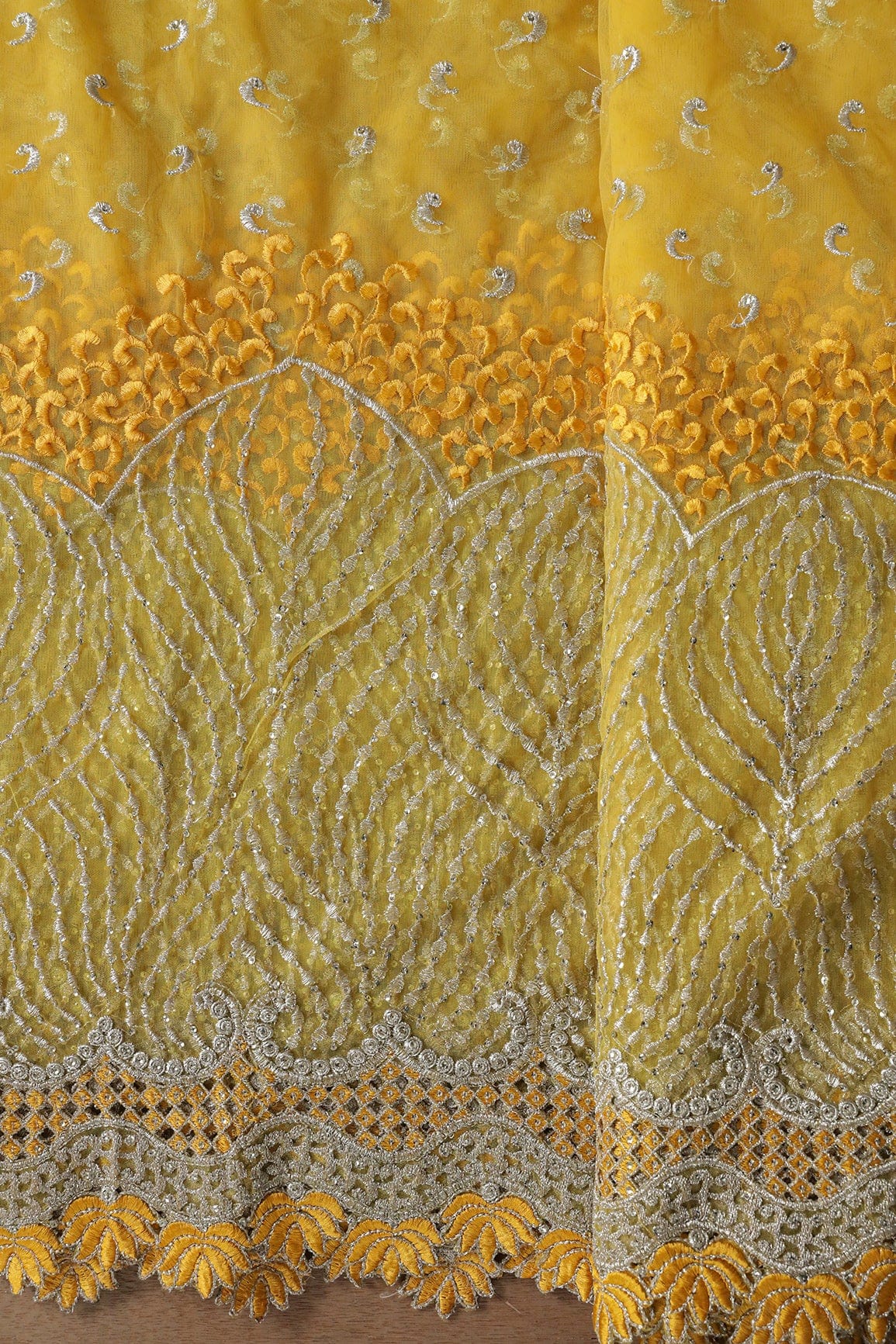 Big Width''56'' Yellow Thread With Zari Traditional Embroidery Work On Yellow Soft Net Fabric With Border - doeraa