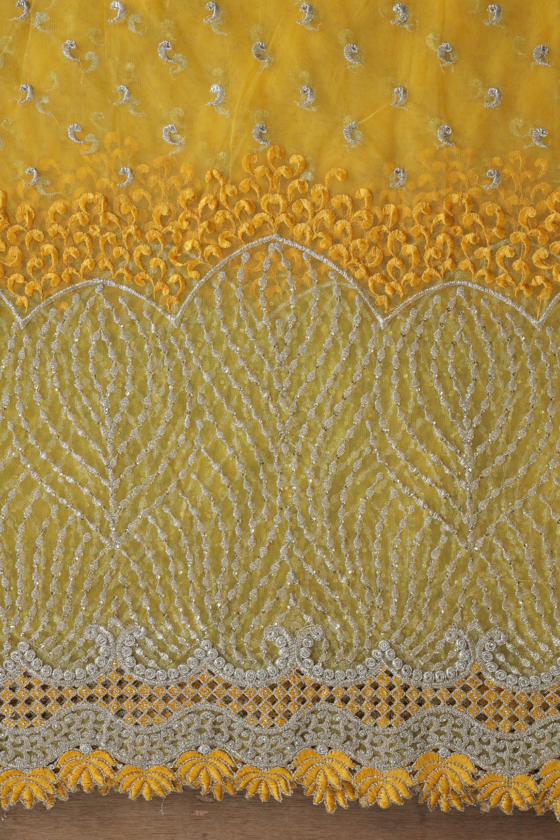 Big Width''56'' Yellow Thread With Zari Traditional Embroidery Work On Yellow Soft Net Fabric With Border - doeraa