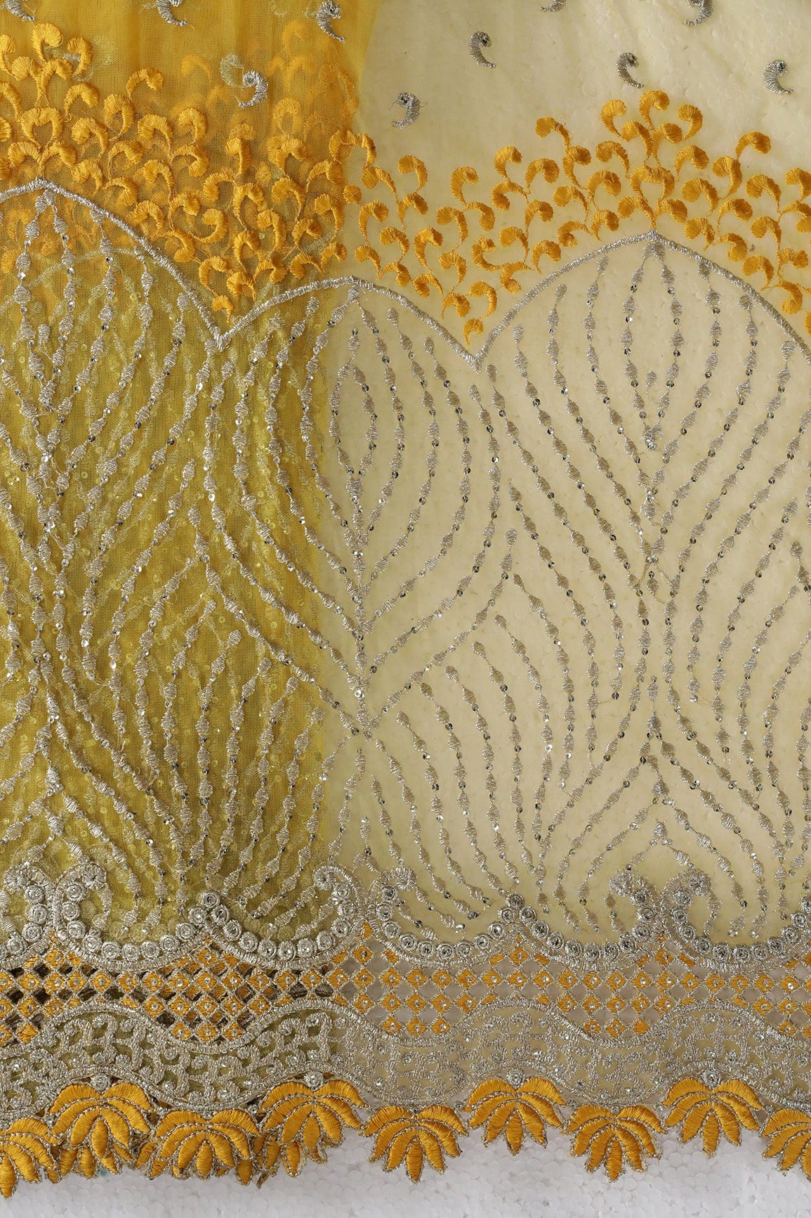 Big Width''56'' Yellow Thread With Zari Traditional Embroidery Work On Yellow Soft Net Fabric With Border - doeraa