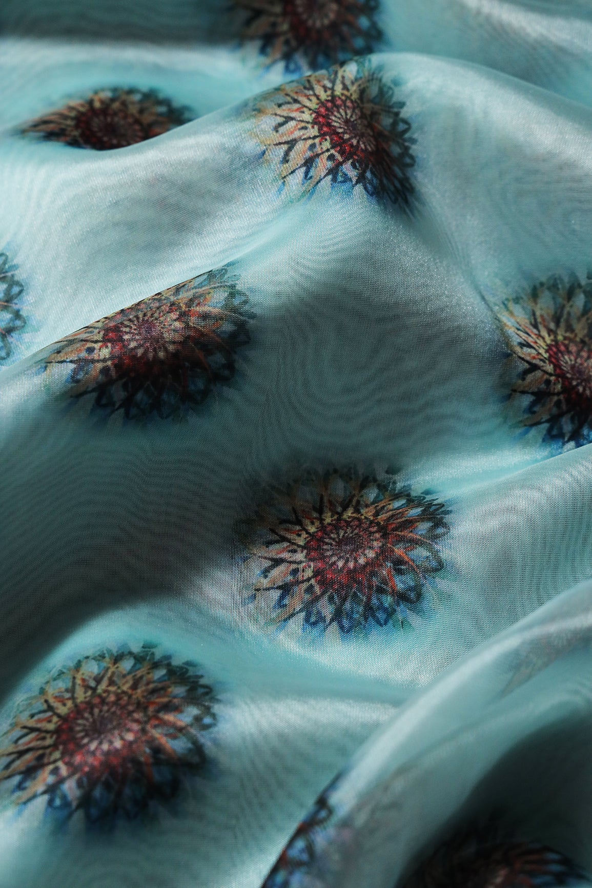 Black And Brown Traditional Pattern Digital Print On Sky Blue Organza Fabric - doeraa