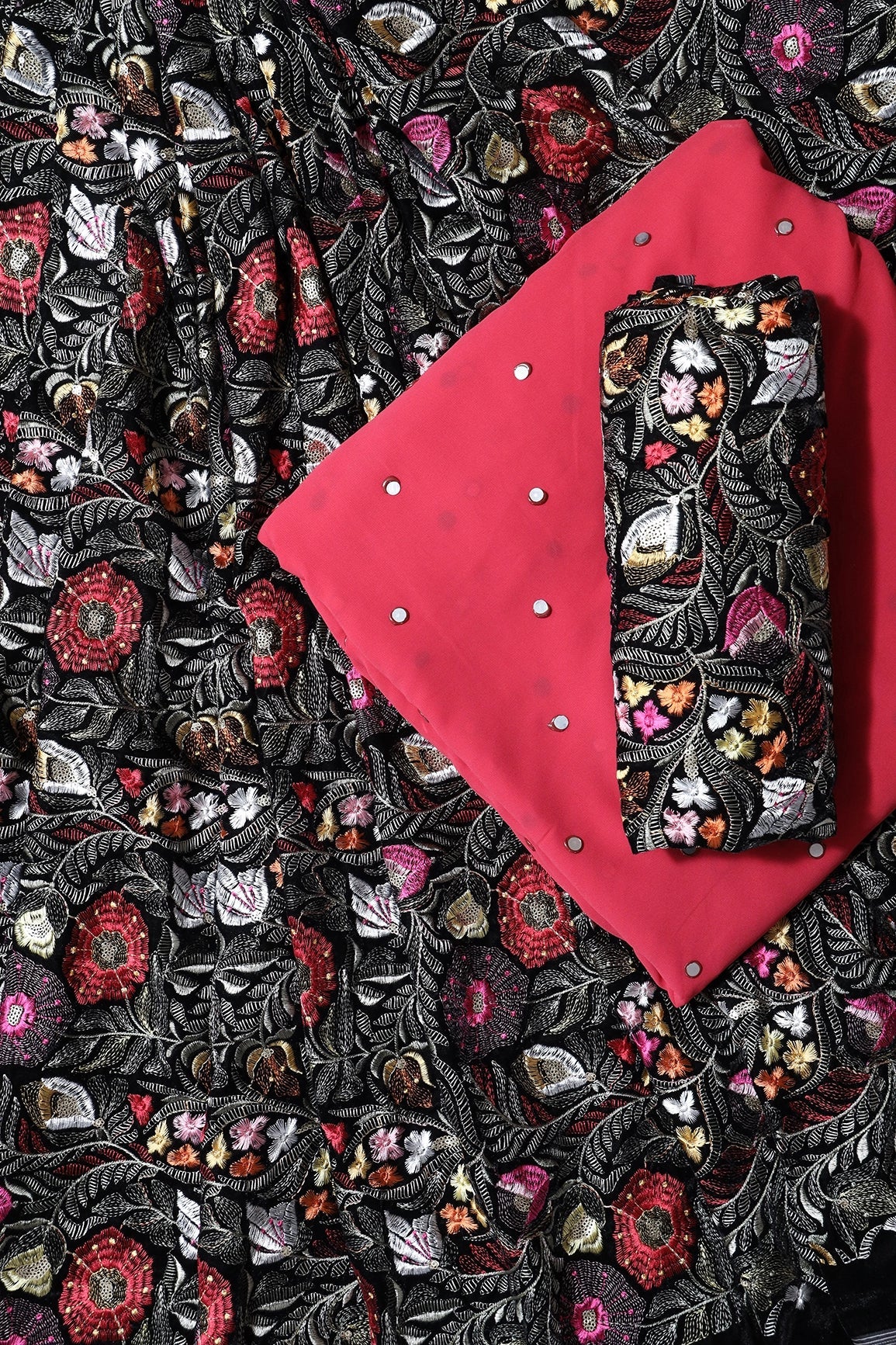 Black And Crimson Red Unstitched Lehenga Set Fabric (3 Piece) - doeraa