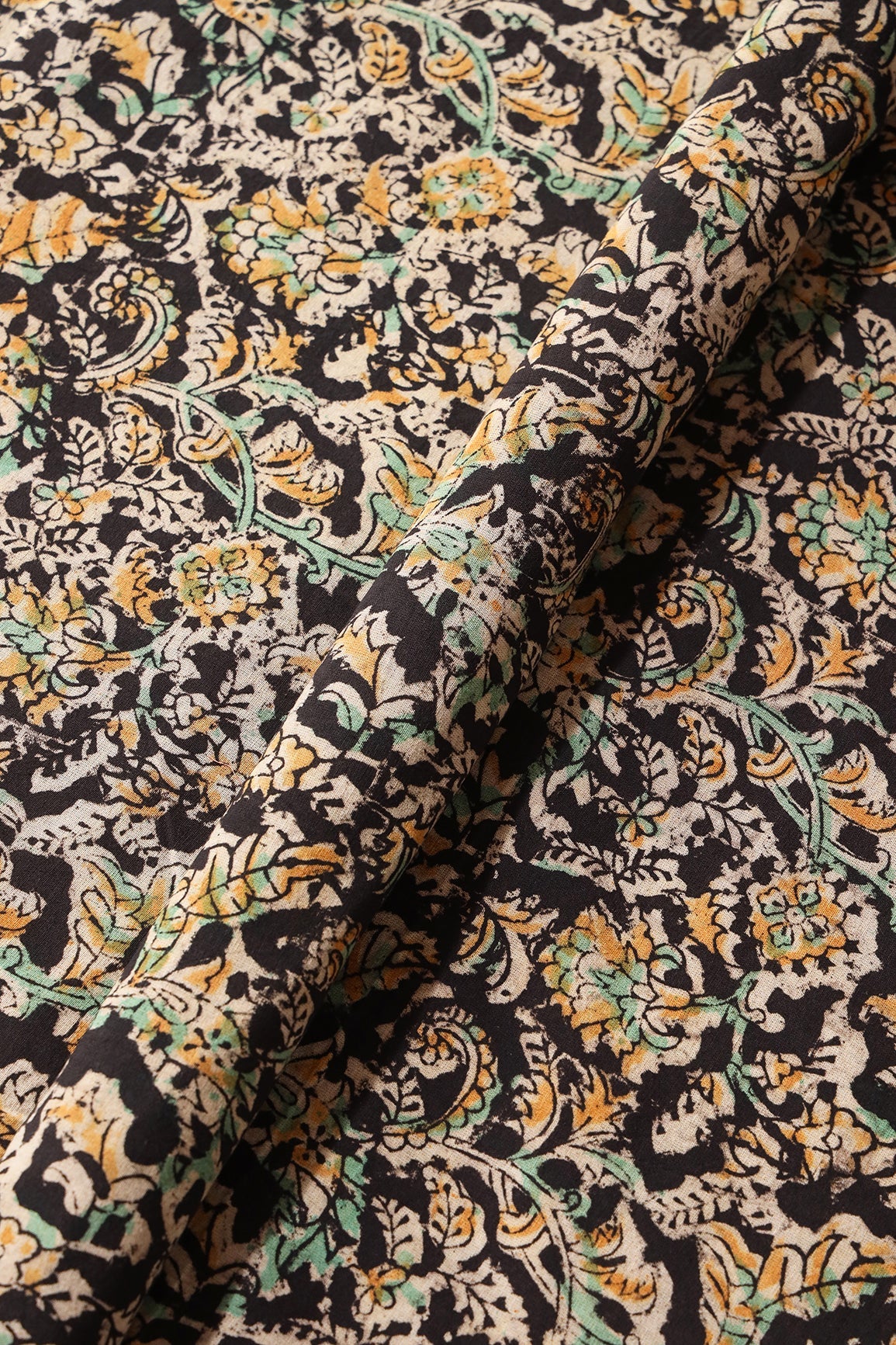 Black And Light Beige Paisley Pattern Handblock Kalamkari Organic Cotton Fabric - doeraa