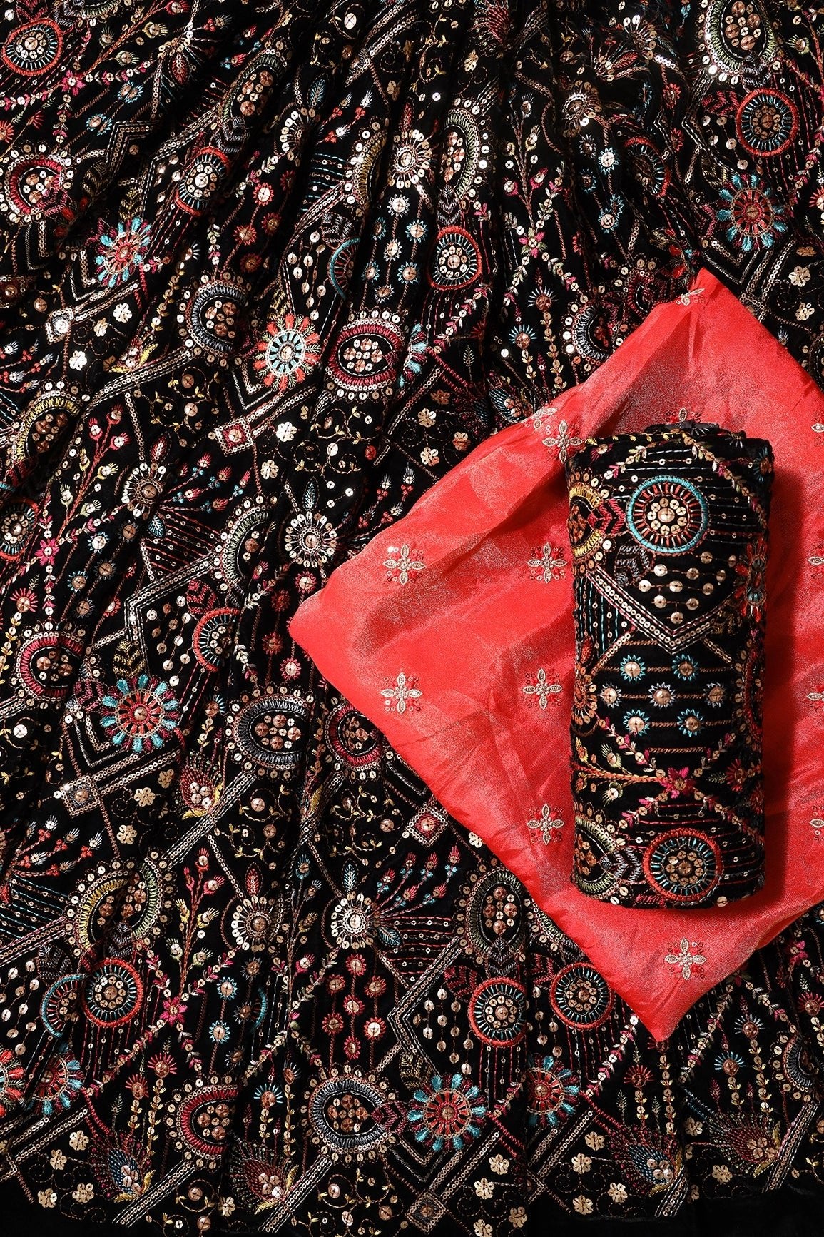 Black And Orange Unstitched Lehenga Set Fabric (3 Piece) - doeraa