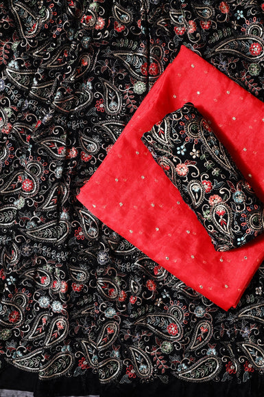 Black And Red Unstitched Lehenga Set Fabric (3 Piece)