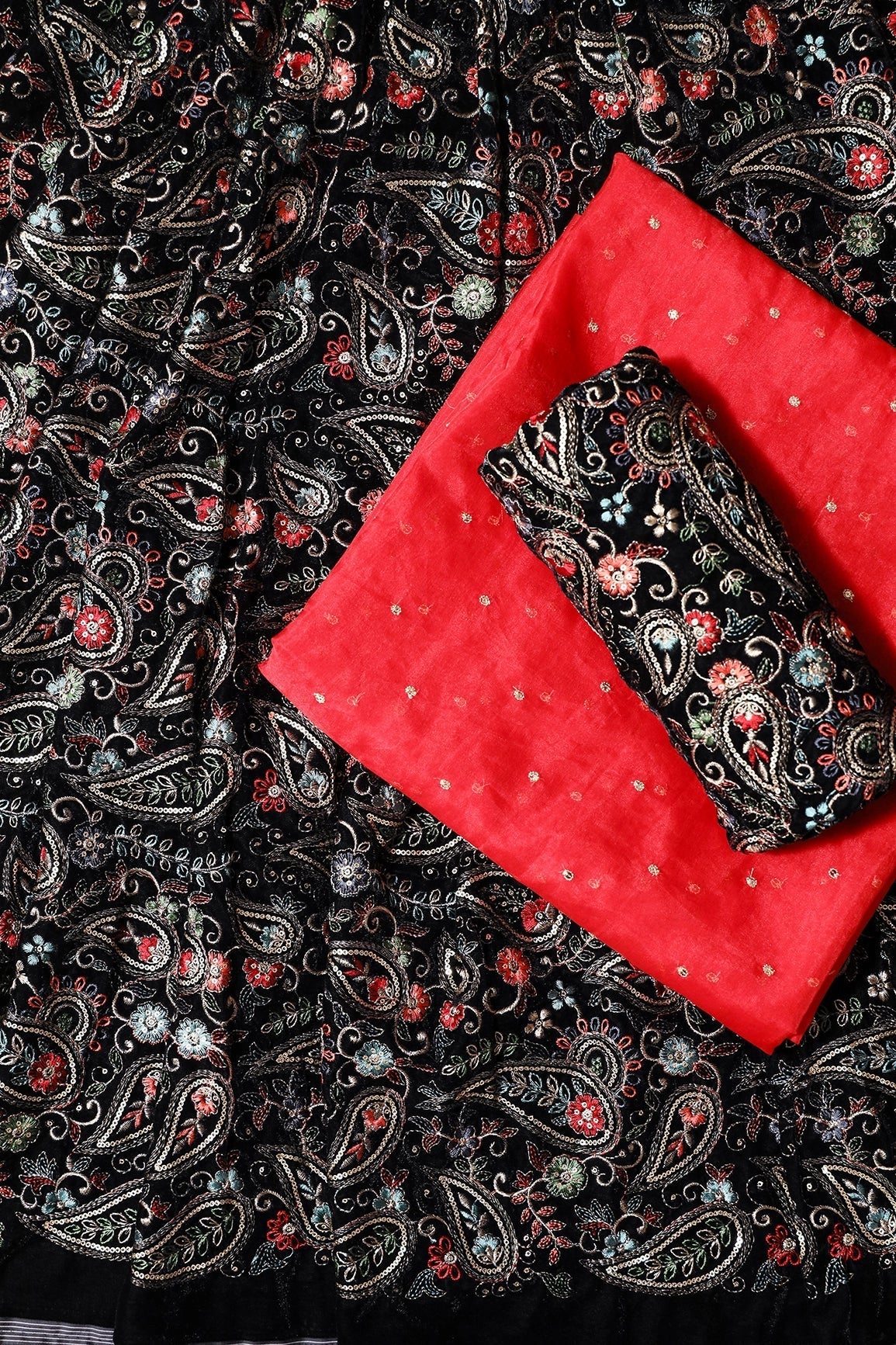 Black And Red Unstitched Lehenga Set Fabric (3 Piece) - doeraa