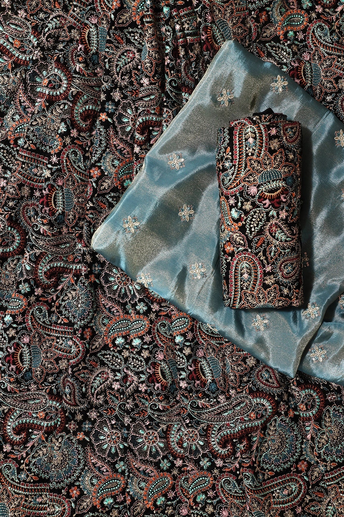 Black And Turkish Blue Unstitched Lehenga Set Fabric (3 Piece) - doeraa