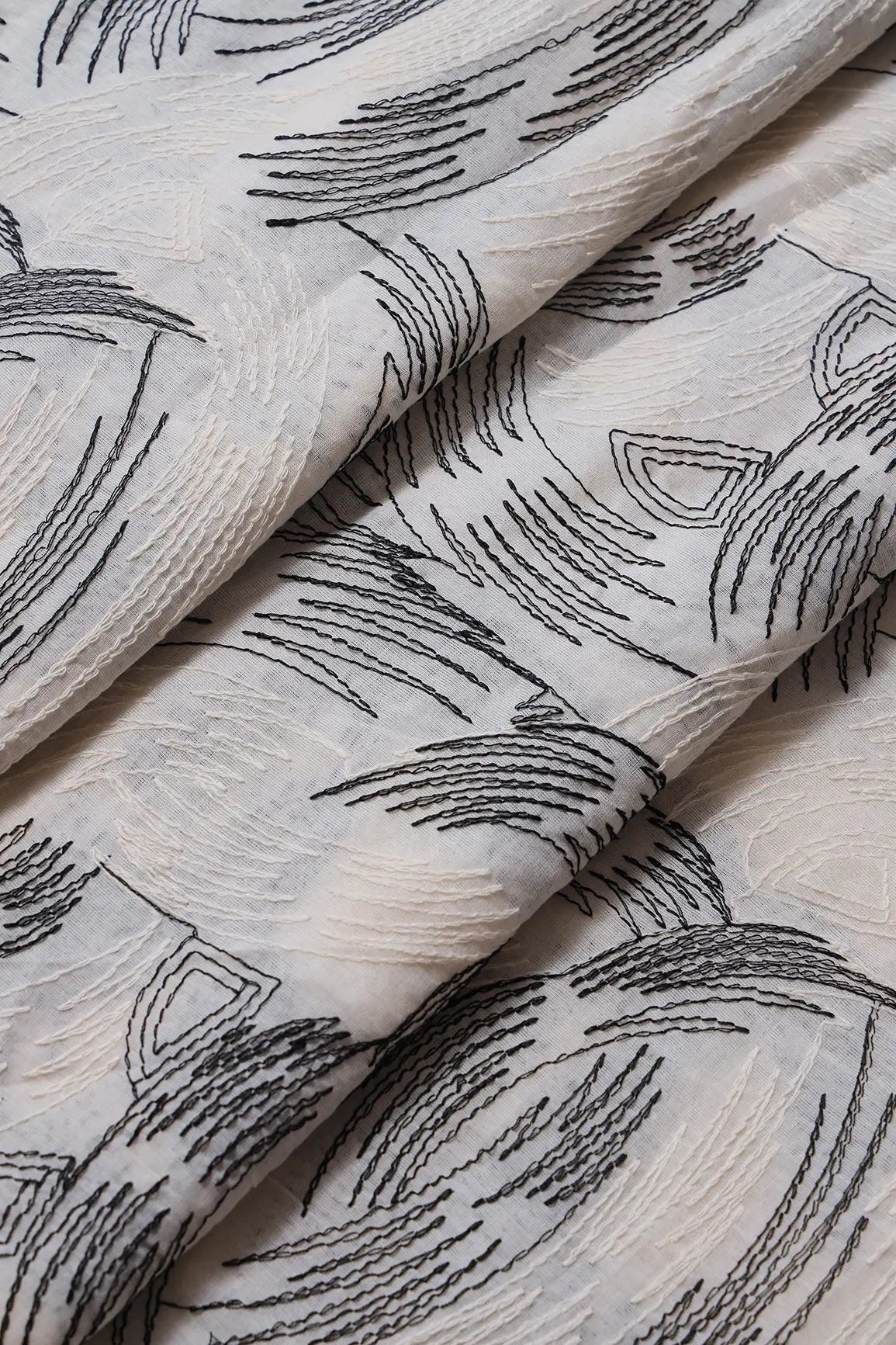 Black And White Thread Abstract Embroidery Work On Off White Organic Cotton Fabric - doeraa