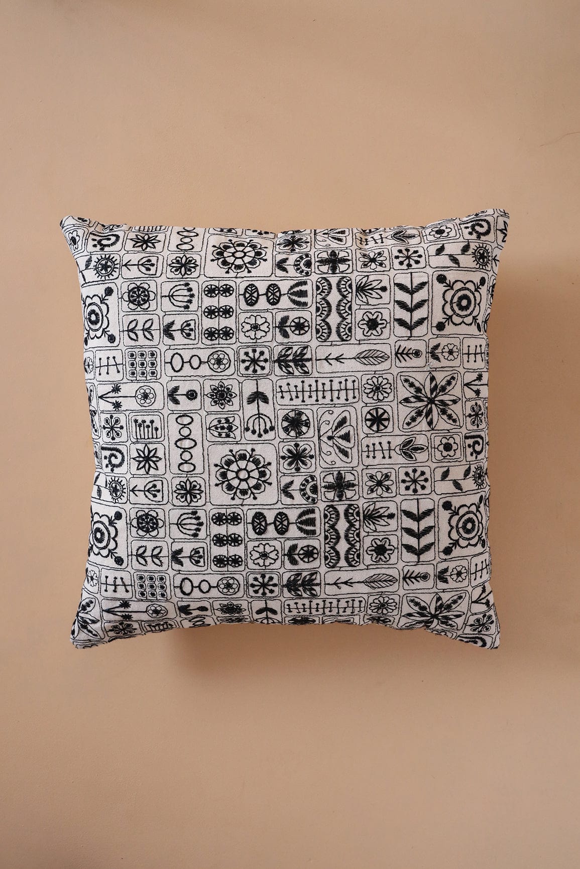 Black Cultural Embroidery on off white cotton Cushion Cover (16*16 inches) - doeraa
