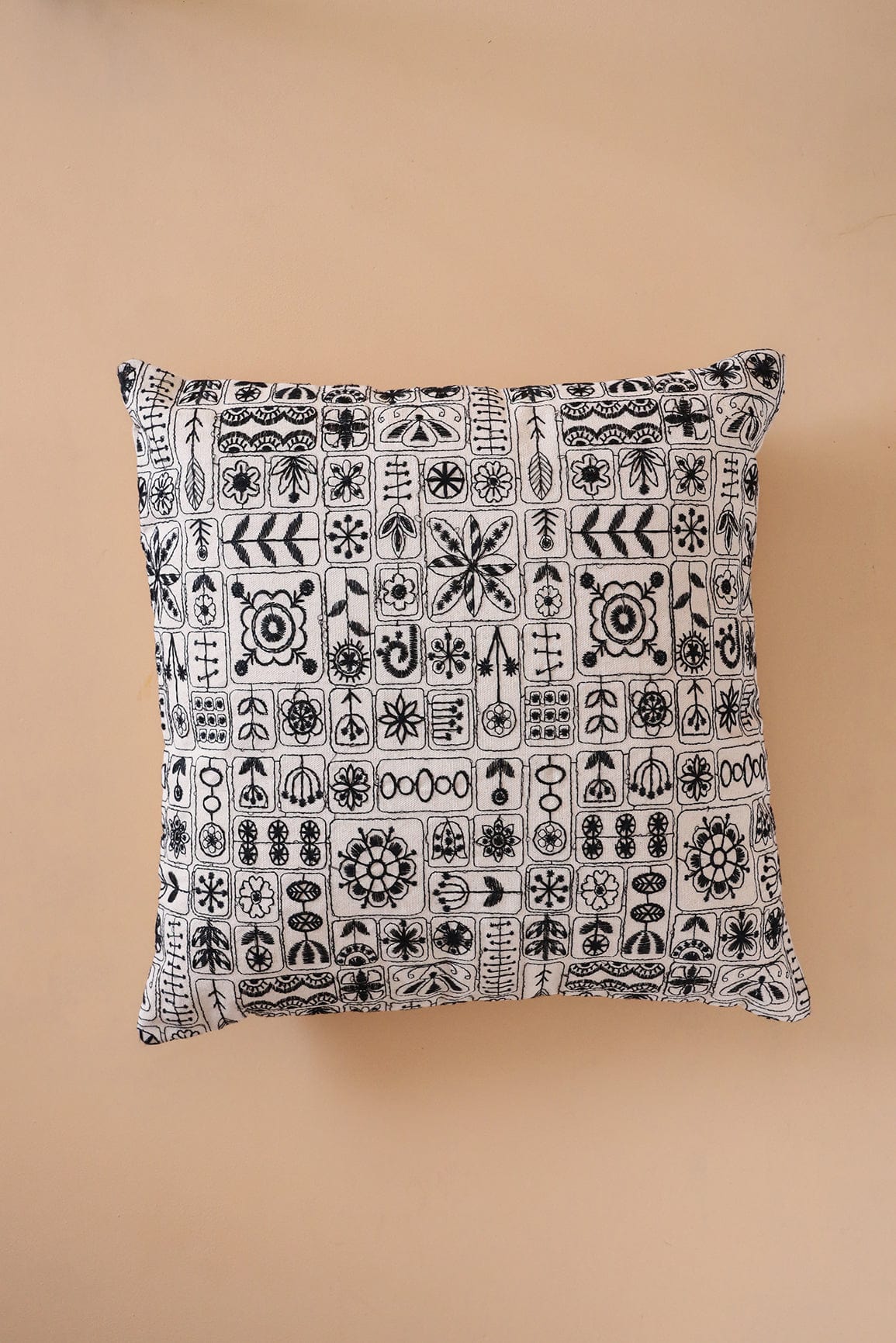 Black Cultural Embroidery on off white cotton Cushion Cover (16*16 inches) - doeraa