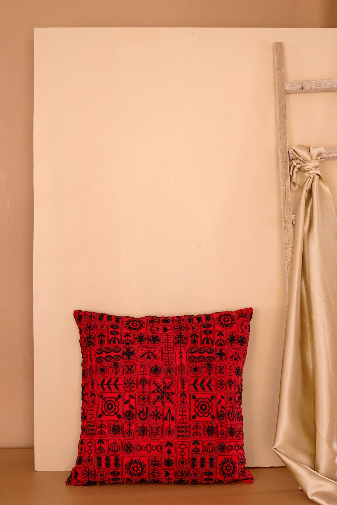 Black Cultural Embroidery on Red cotton Cushion Cover (16*16 inches) - doeraa