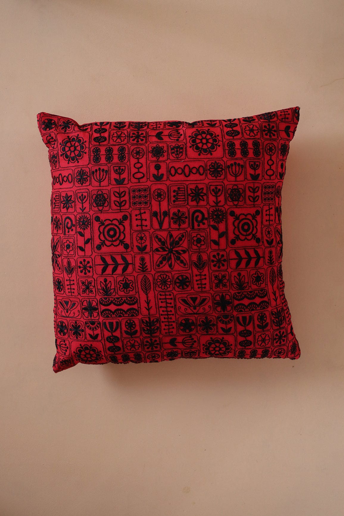 Black Cultural Embroidery on Red cotton Cushion Cover (16*16 inches) - doeraa