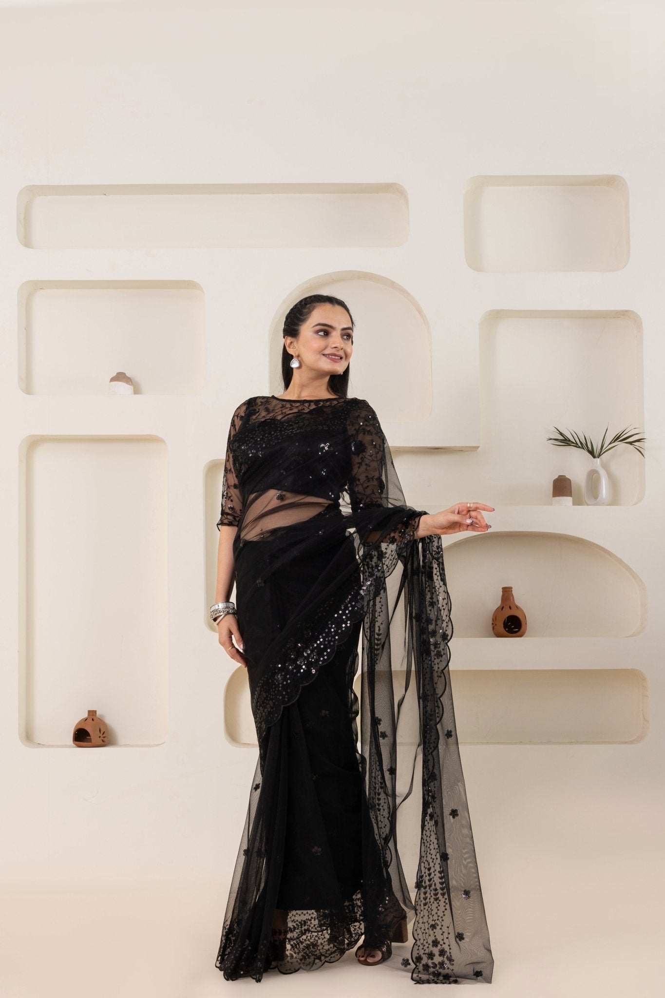 Black Embroidery Saree Set (Saree With Blouse Piece) - doeraa