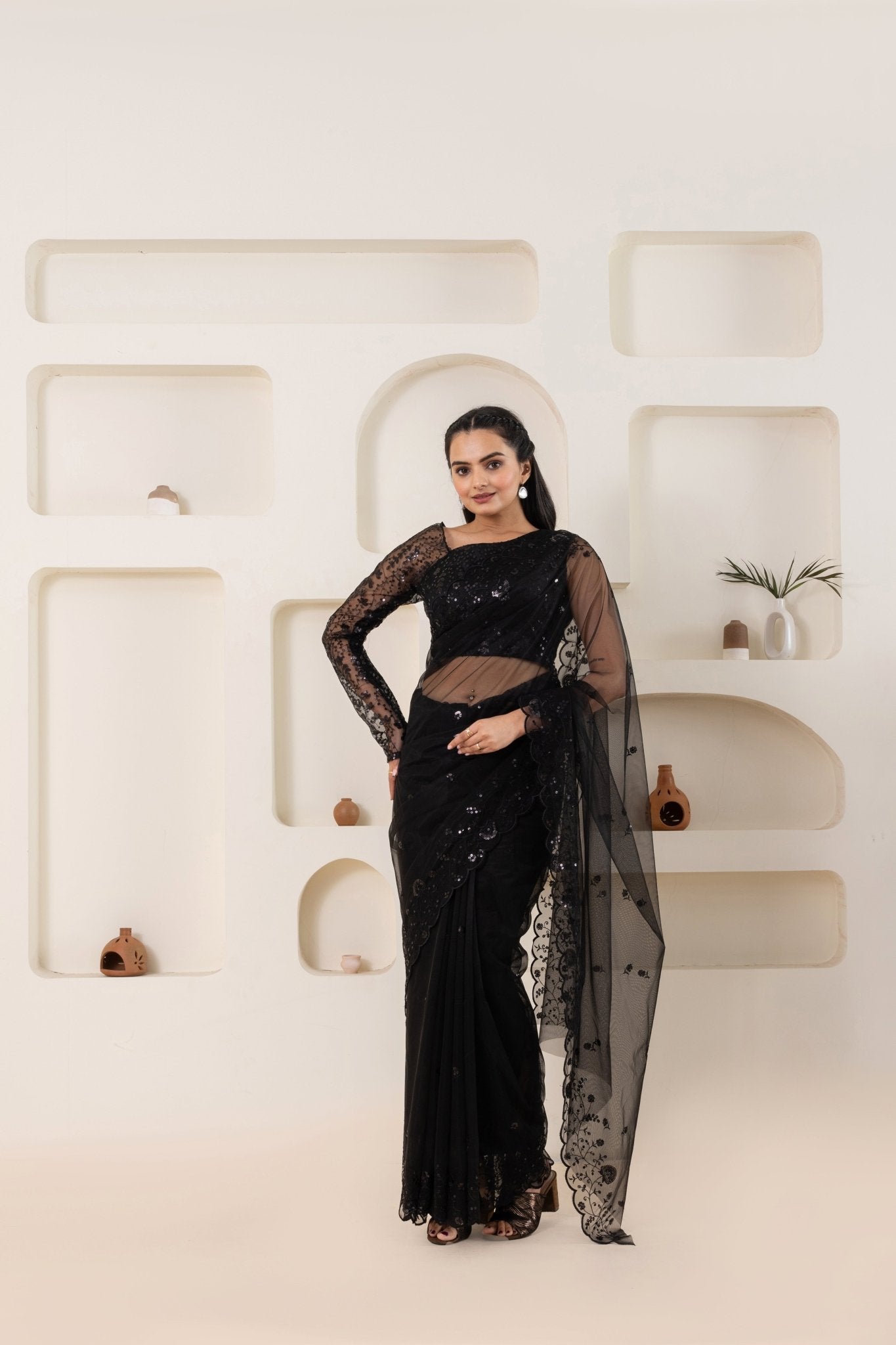 Black Embroidery Saree Set (Saree With Blouse Piece) - doeraa