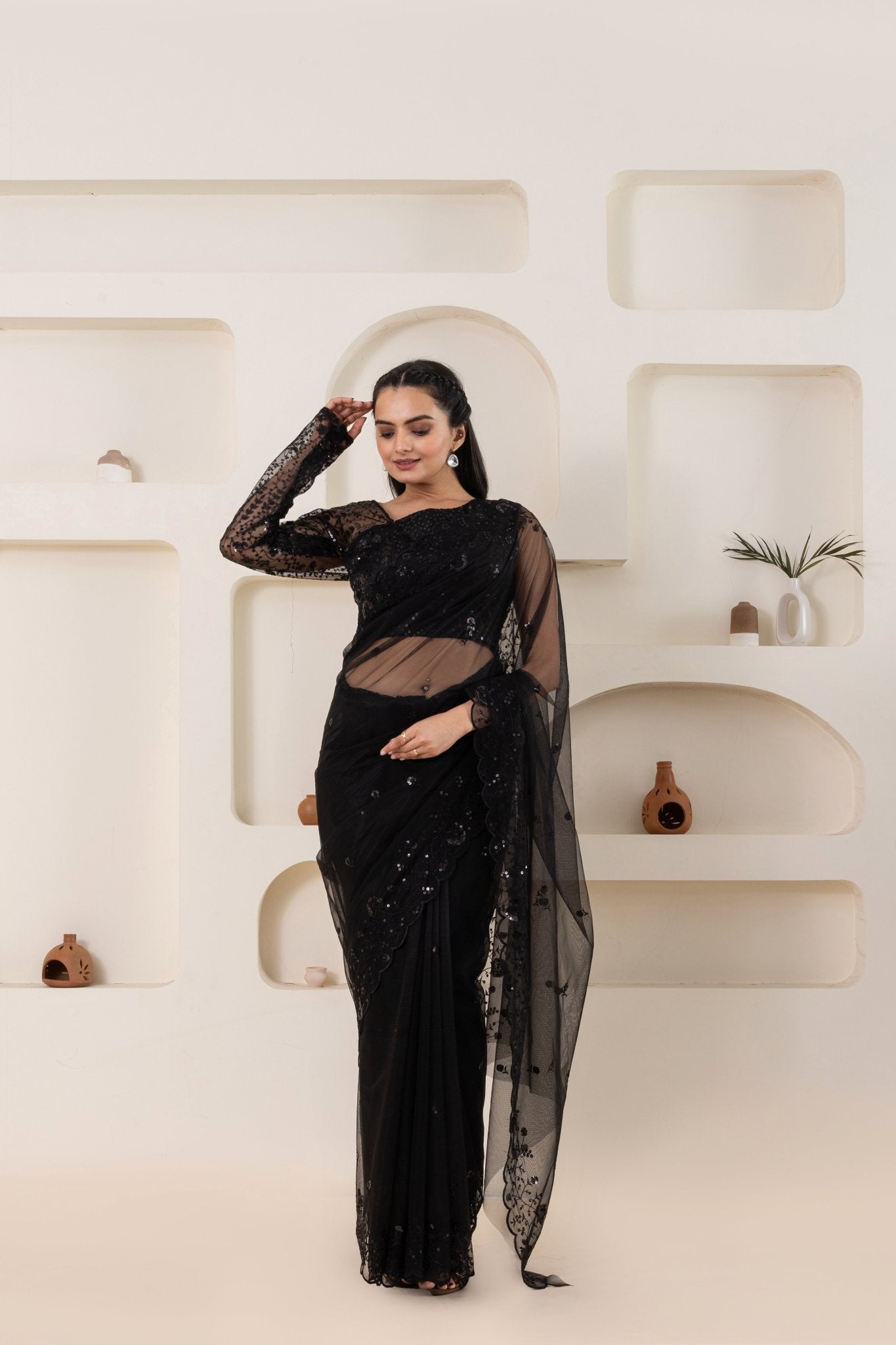 Black Embroidery Saree Set (Saree With Blouse Piece) - doeraa