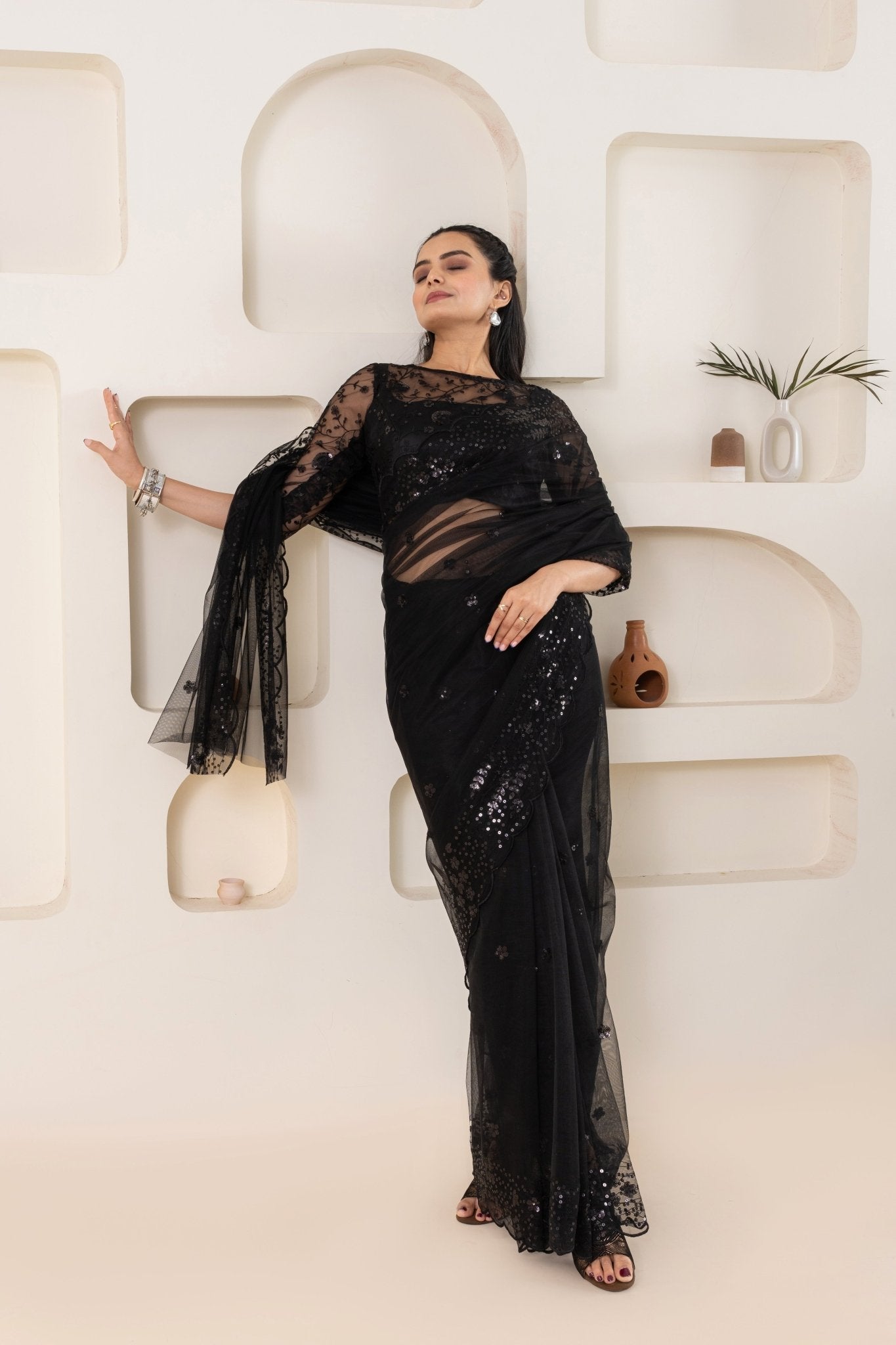 Black Embroidery Saree Set (Saree With Blouse Piece) - doeraa
