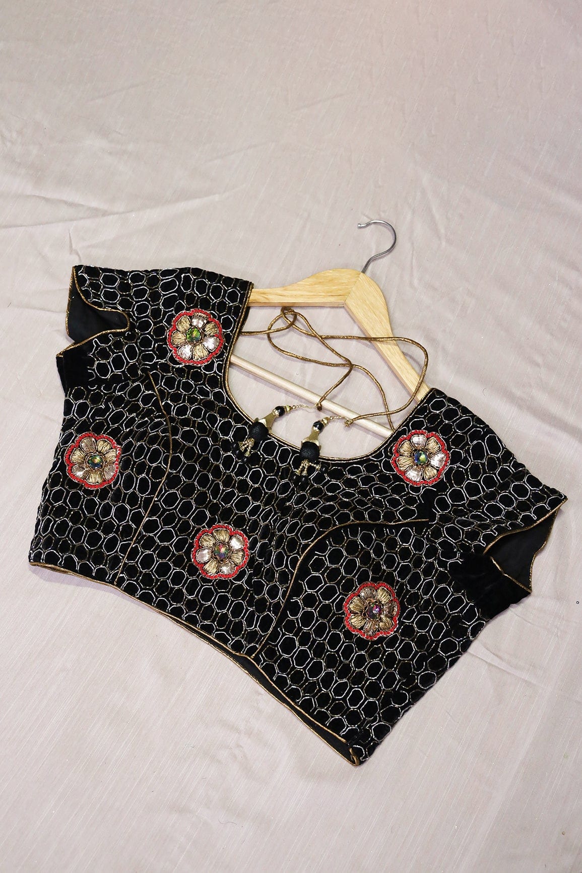 Black Hand Work Embroidery Velvet Stitched Blouse - doeraa