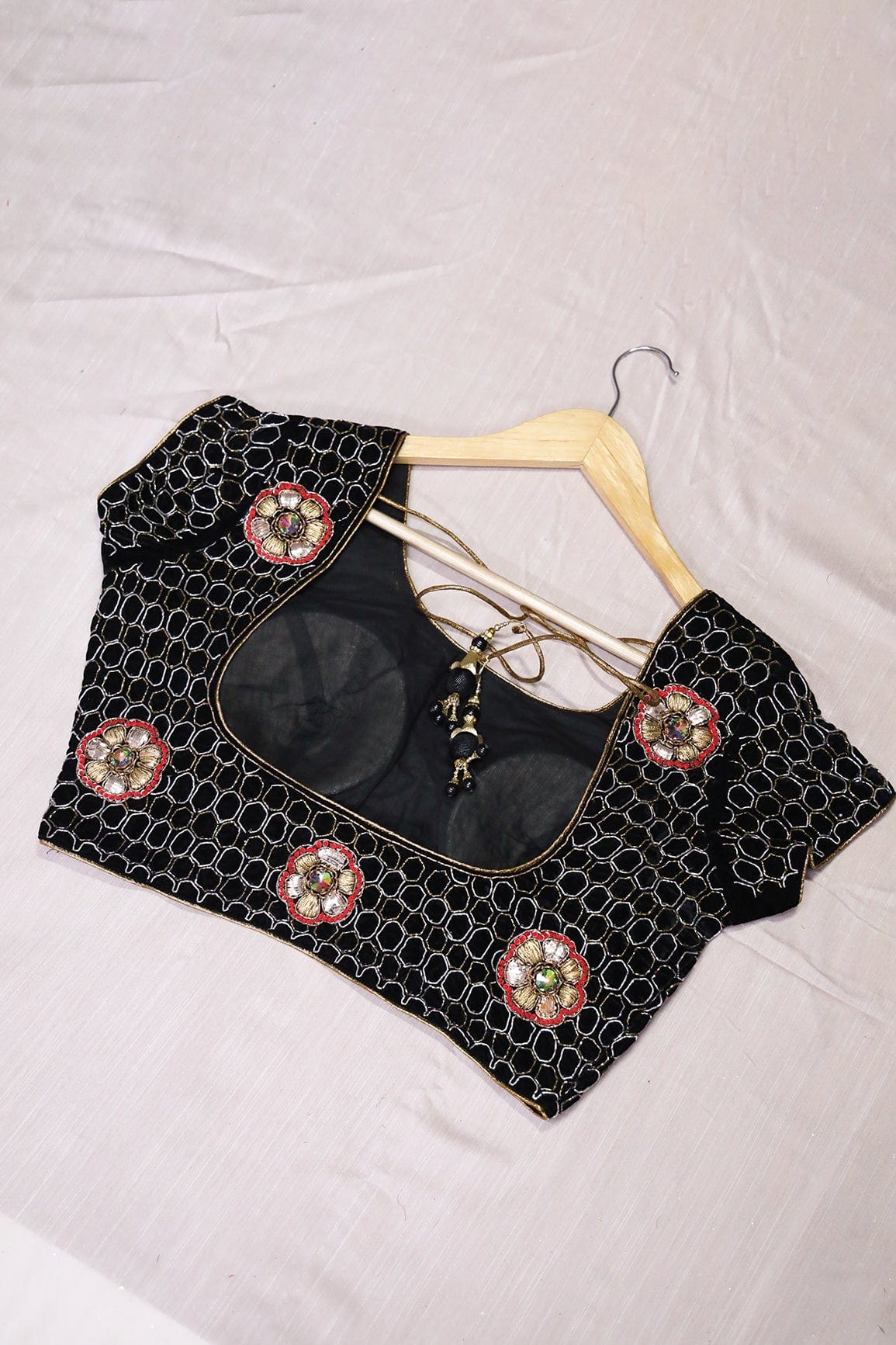 Black Hand Work Embroidery Velvet Stitched Blouse - doeraa