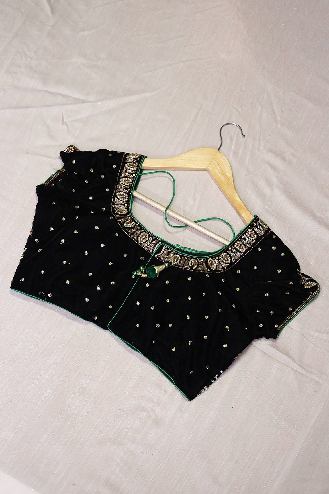 Black Hand Work Embroidery Velvet Stitched Blouse - doeraa