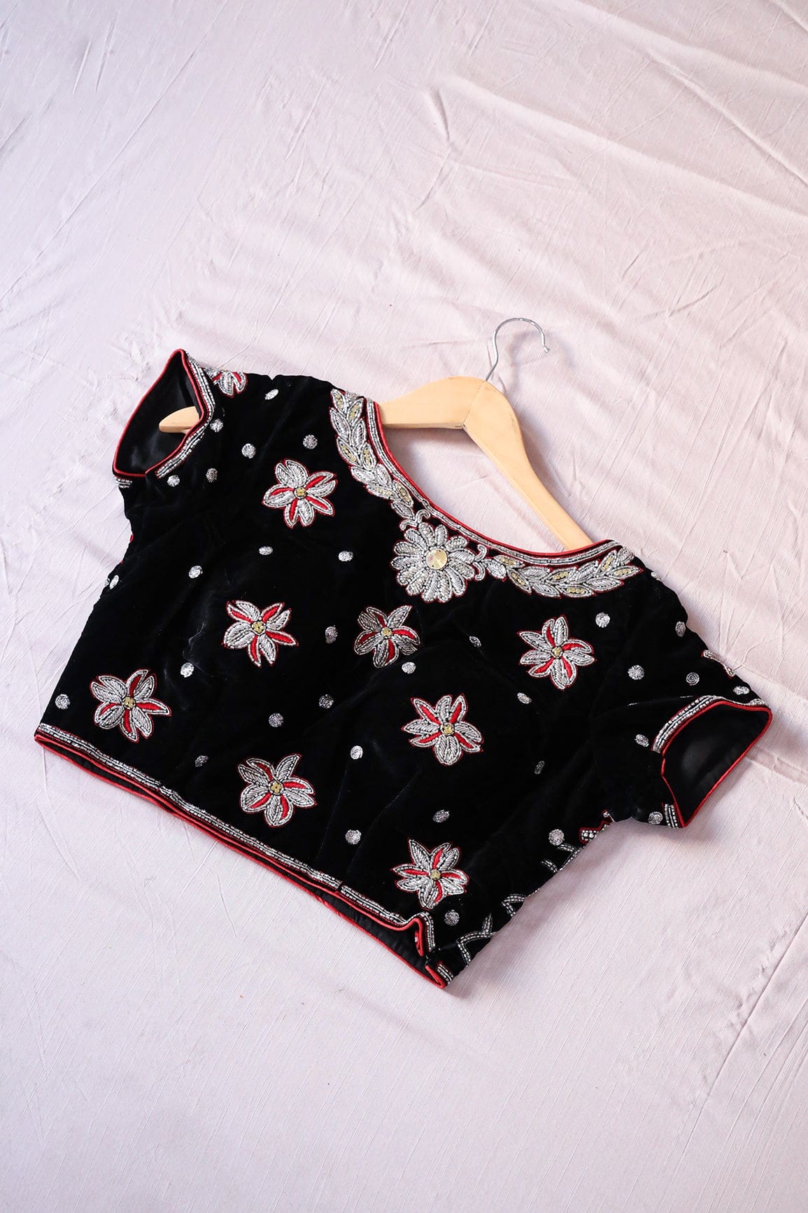 Black Hand Work Embroidery Velvet Stitched Blouse - doeraa