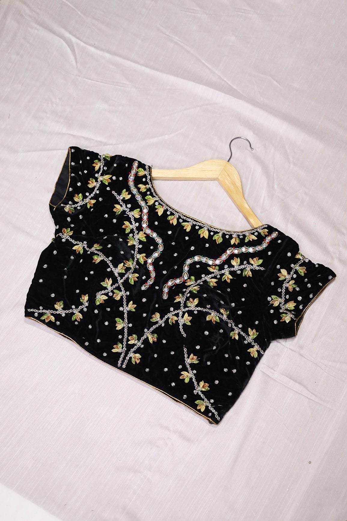 Black Hand Work Embroidery Velvet Stitched Blouse - doeraa