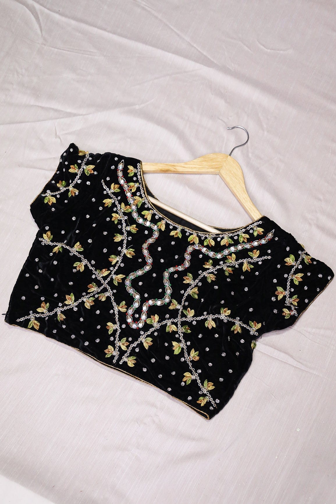 Black Hand Work Embroidery Velvet Stitched Blouse - doeraa