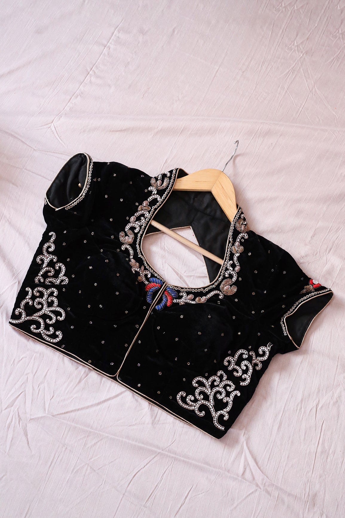 Black Hand Work Embroidery Velvet Stitched Blouse - doeraa