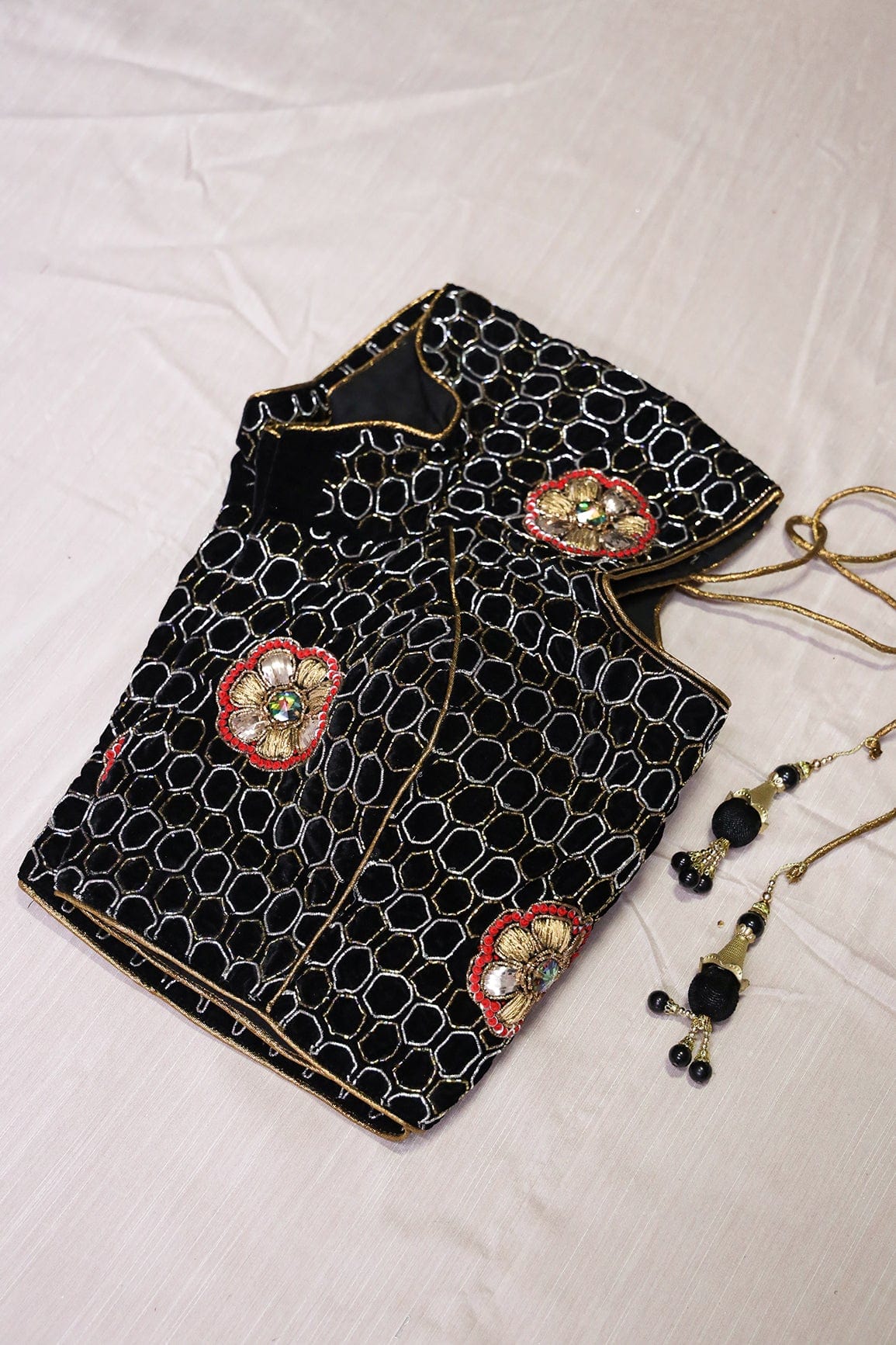 Black Hand Work Embroidery Velvet Stitched Blouse - doeraa