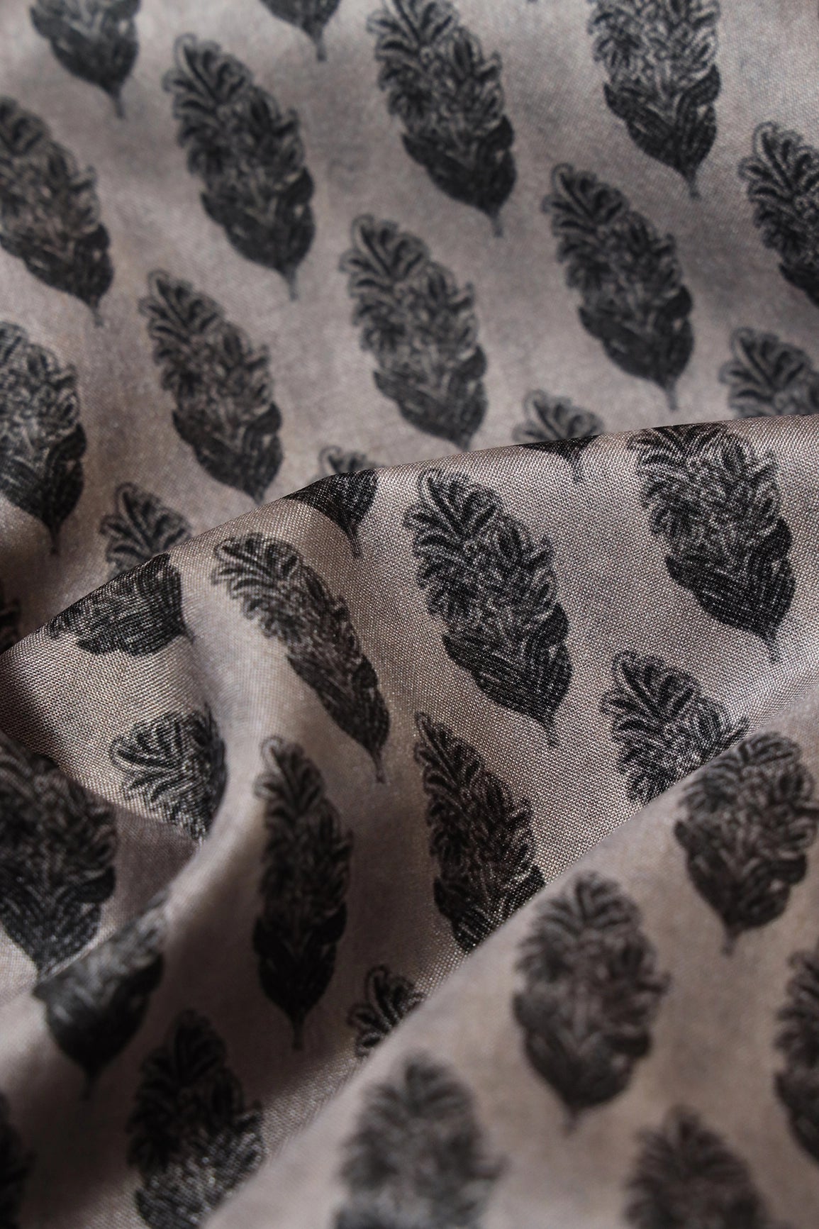 Black Leafy Digital Print On Grey Tussar Satin Fabric - doeraa