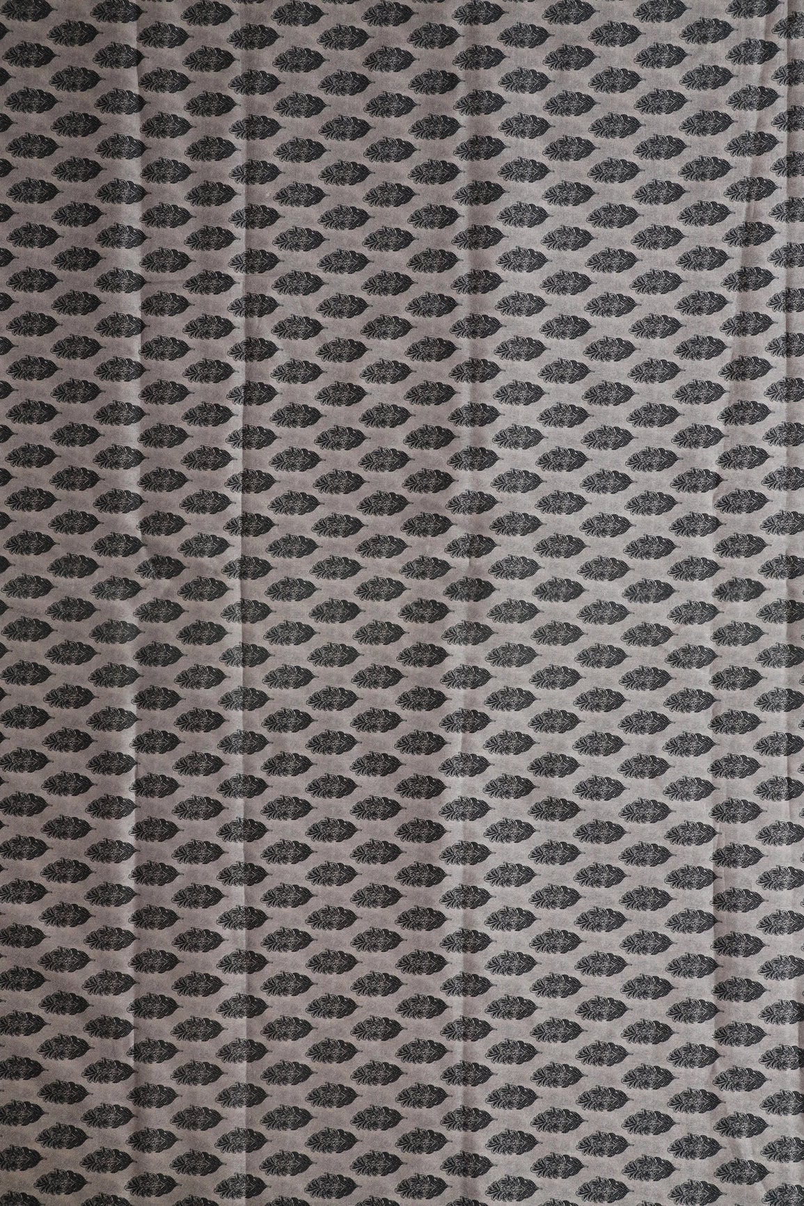 Black Leafy Digital Print On Grey Tussar Satin Fabric - doeraa