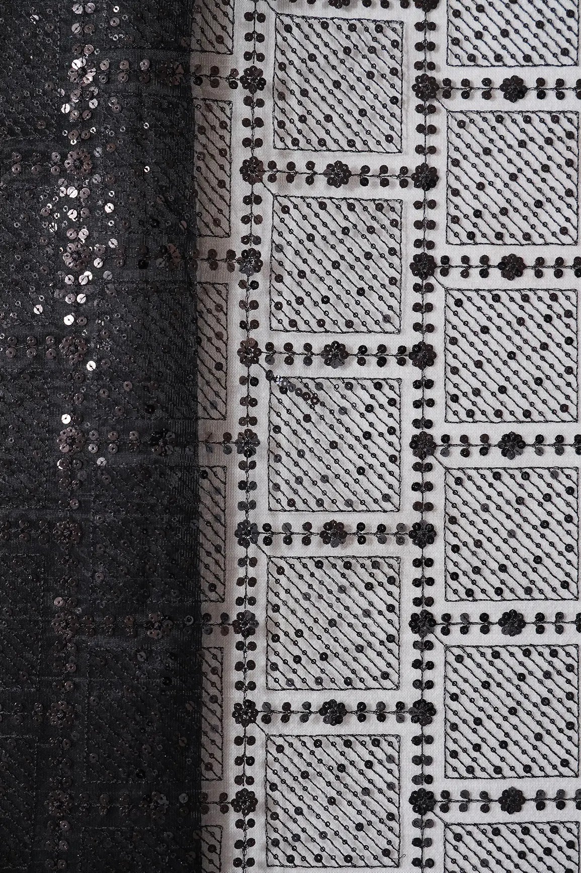 Black Sequins Checks Embroidery On Black Soft Net Fabric - doeraa