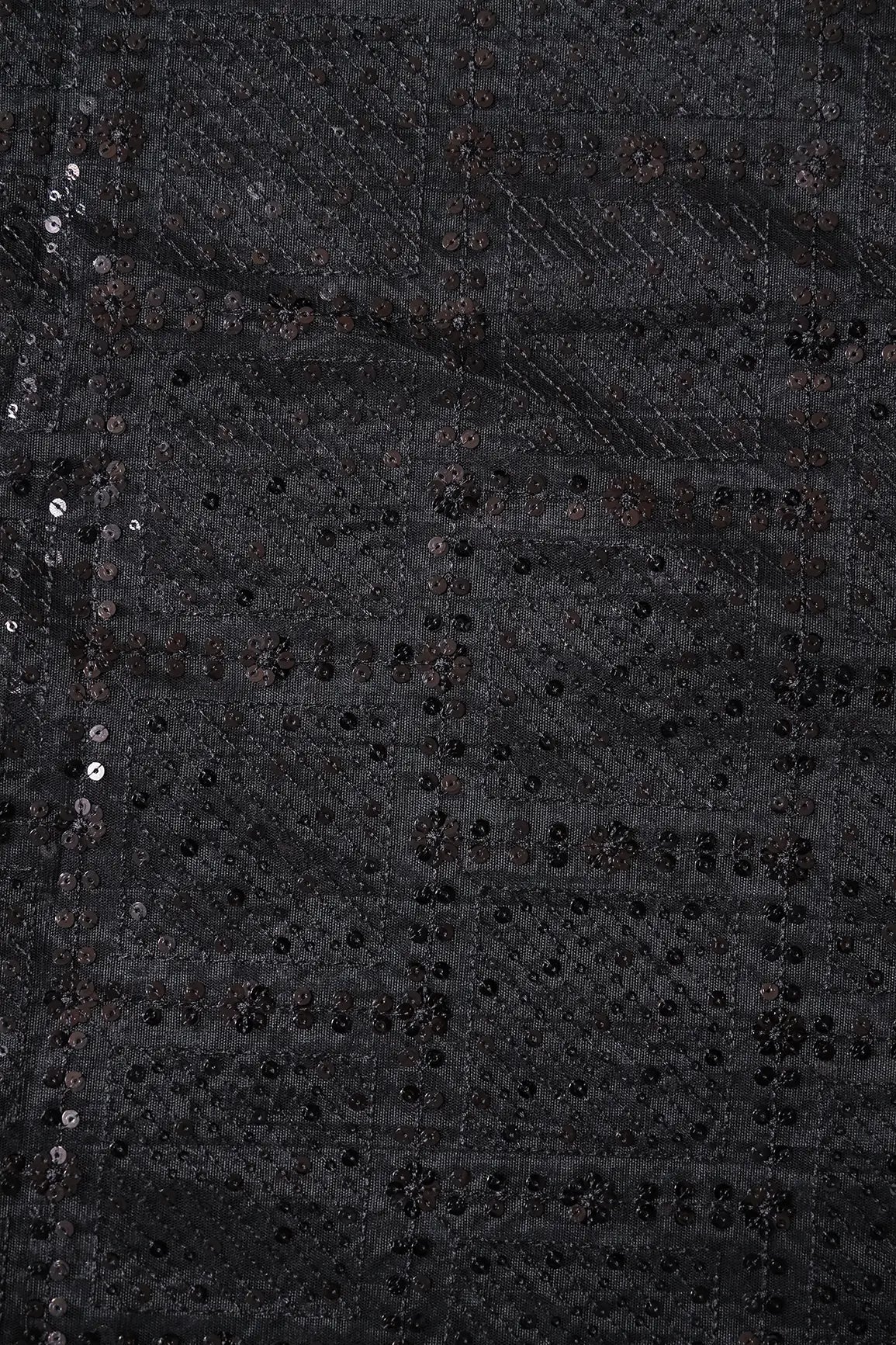 Black Sequins Checks Embroidery On Black Soft Net Fabric - doeraa