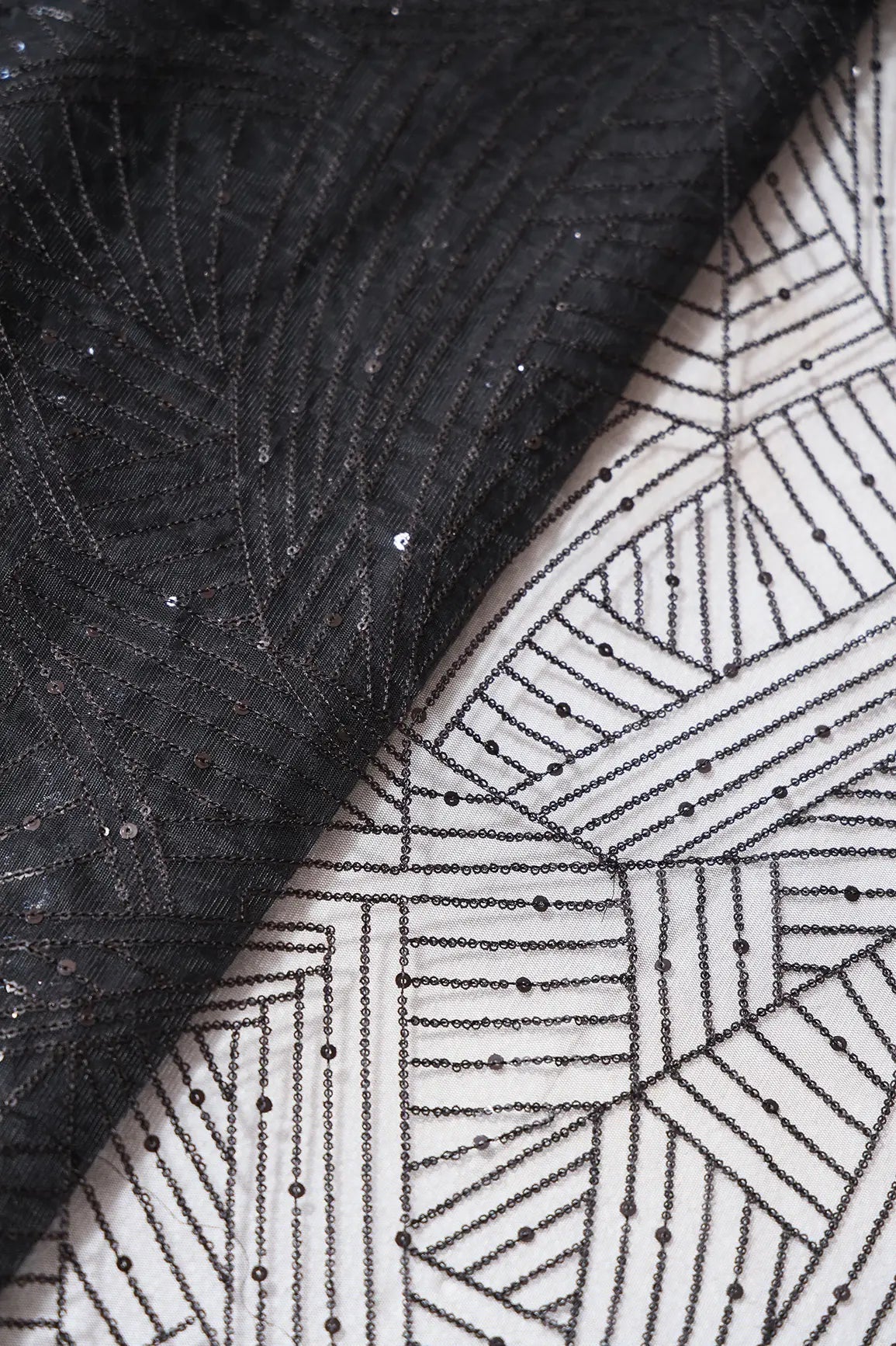 Black Small Sequins Geometric Embroidery On Black Soft Net Fabric - doeraa