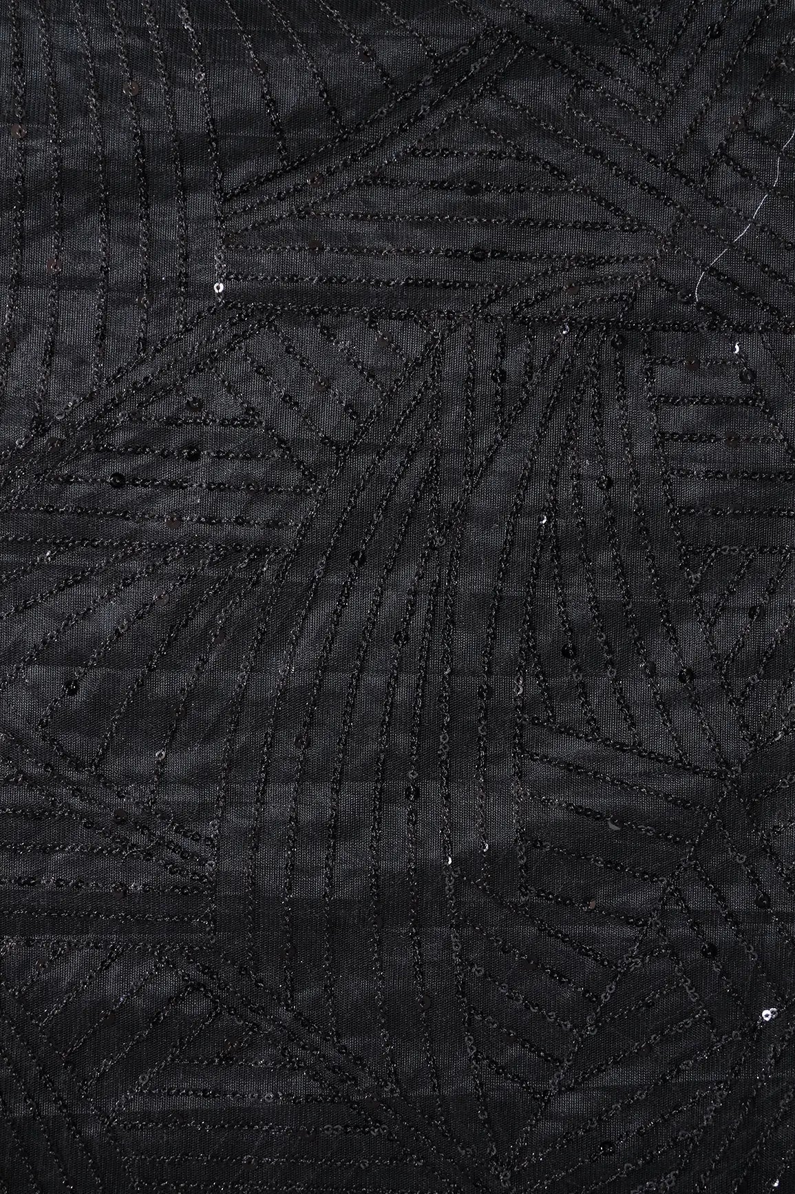 Black Small Sequins Geometric Embroidery On Black Soft Net Fabric - doeraa