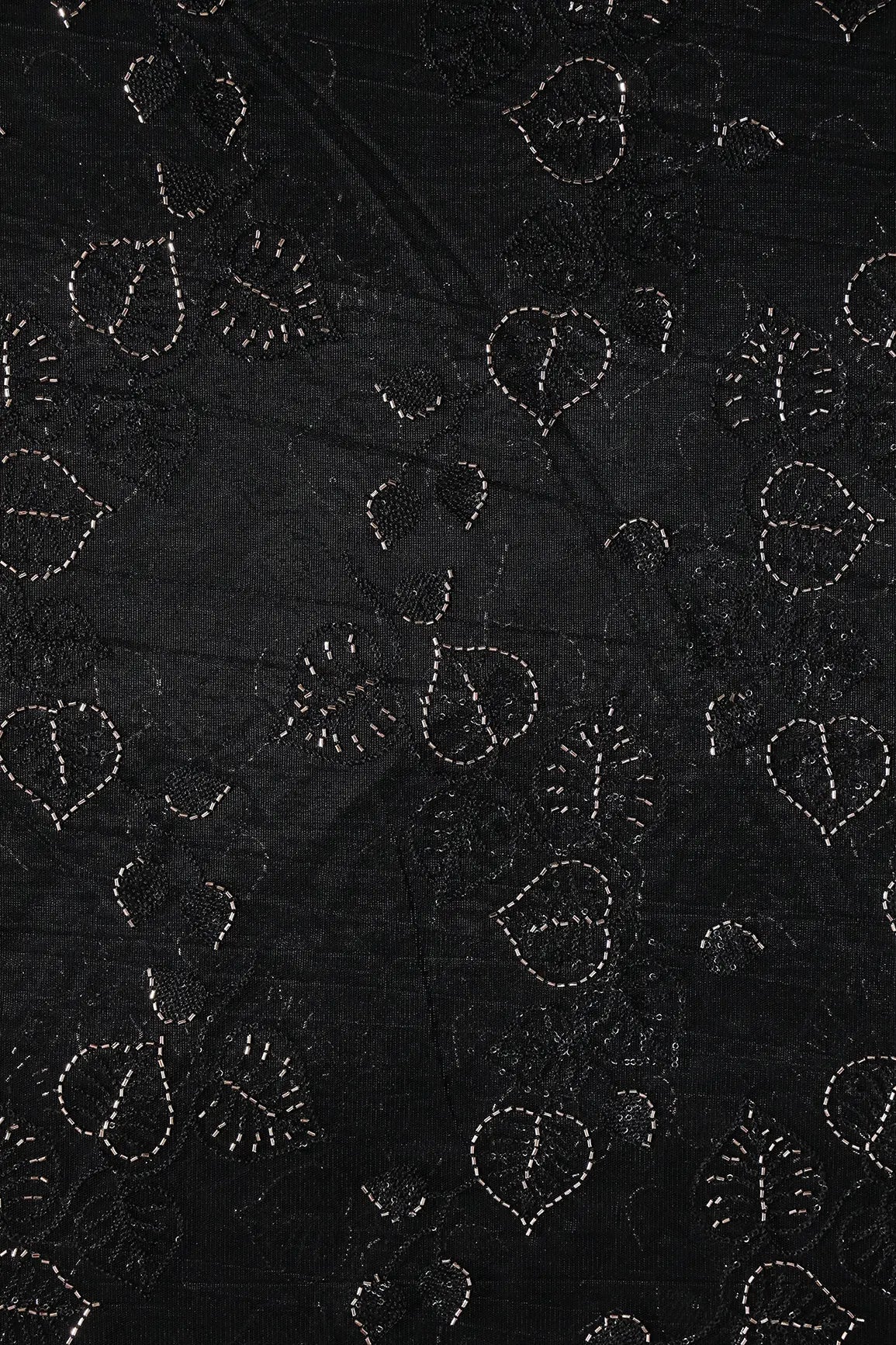 Black Thread & Gold Beads With Water Sequins Floral Embroidery On Black Soft Net Fabric - doeraa