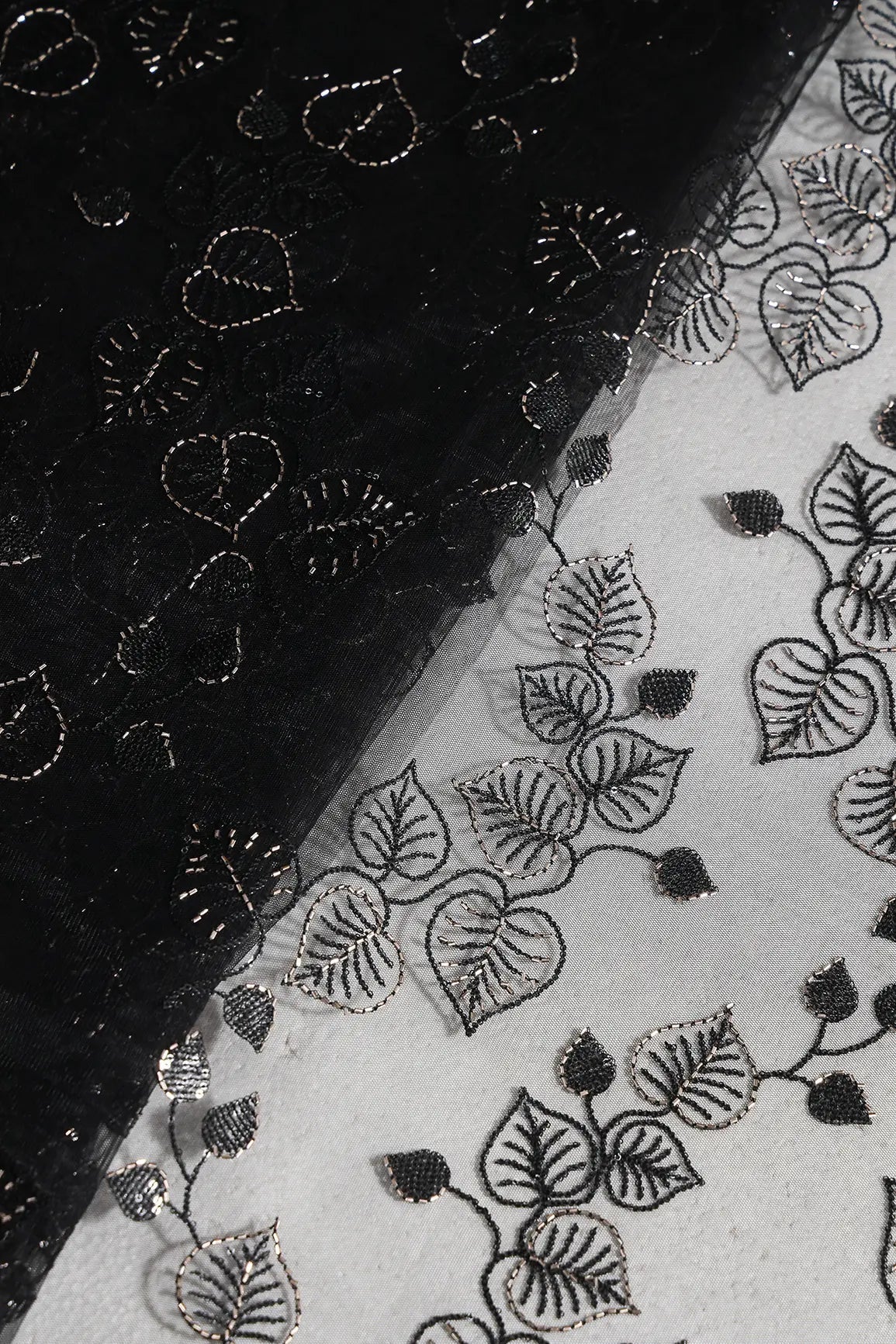 Black Thread & Gold Beads With Water Sequins Floral Embroidery On Black Soft Net Fabric - doeraa