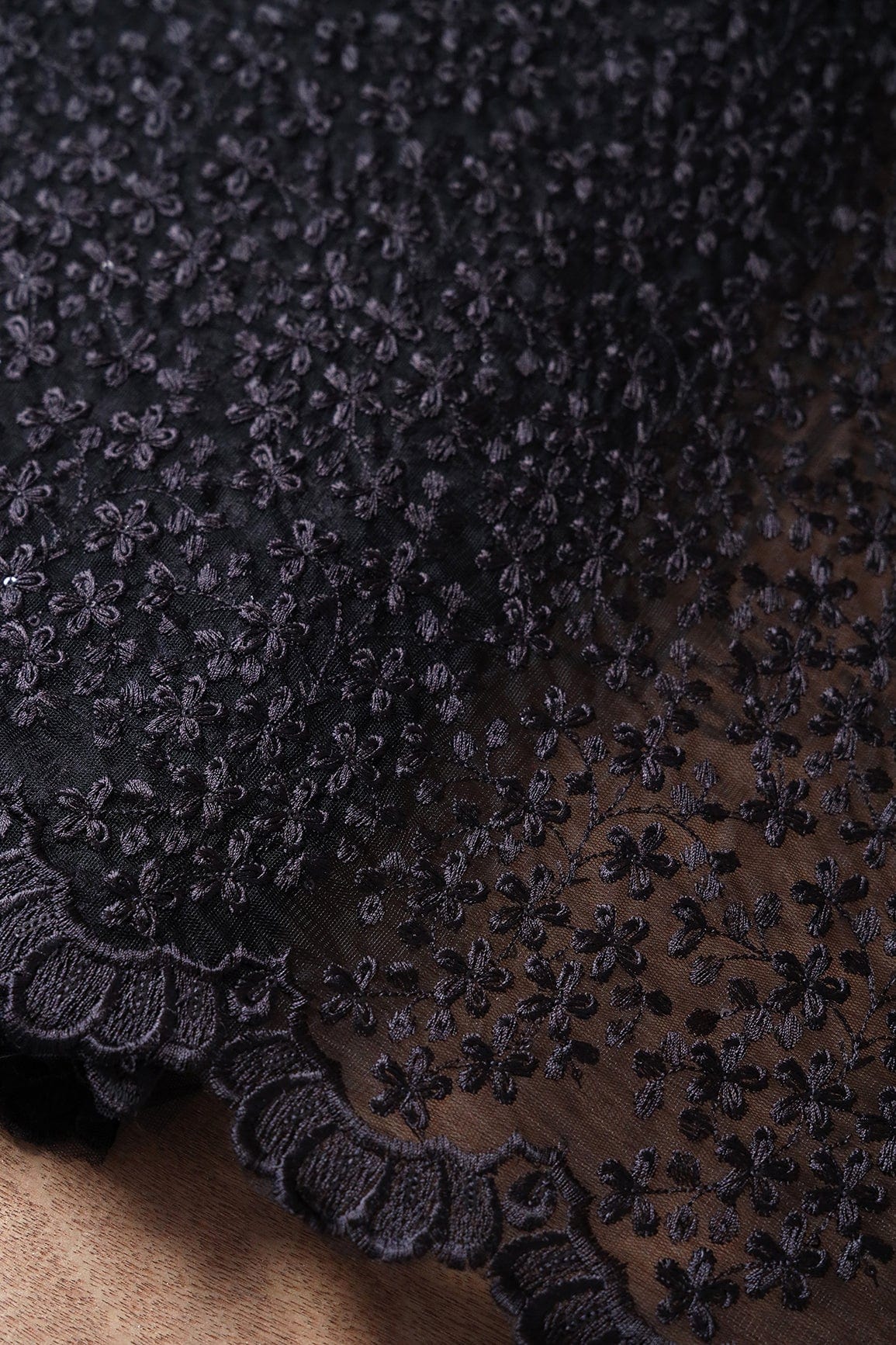 Black Thread Heavy Floral Embroidery On Black Soft Net Fabric With Border - doeraa