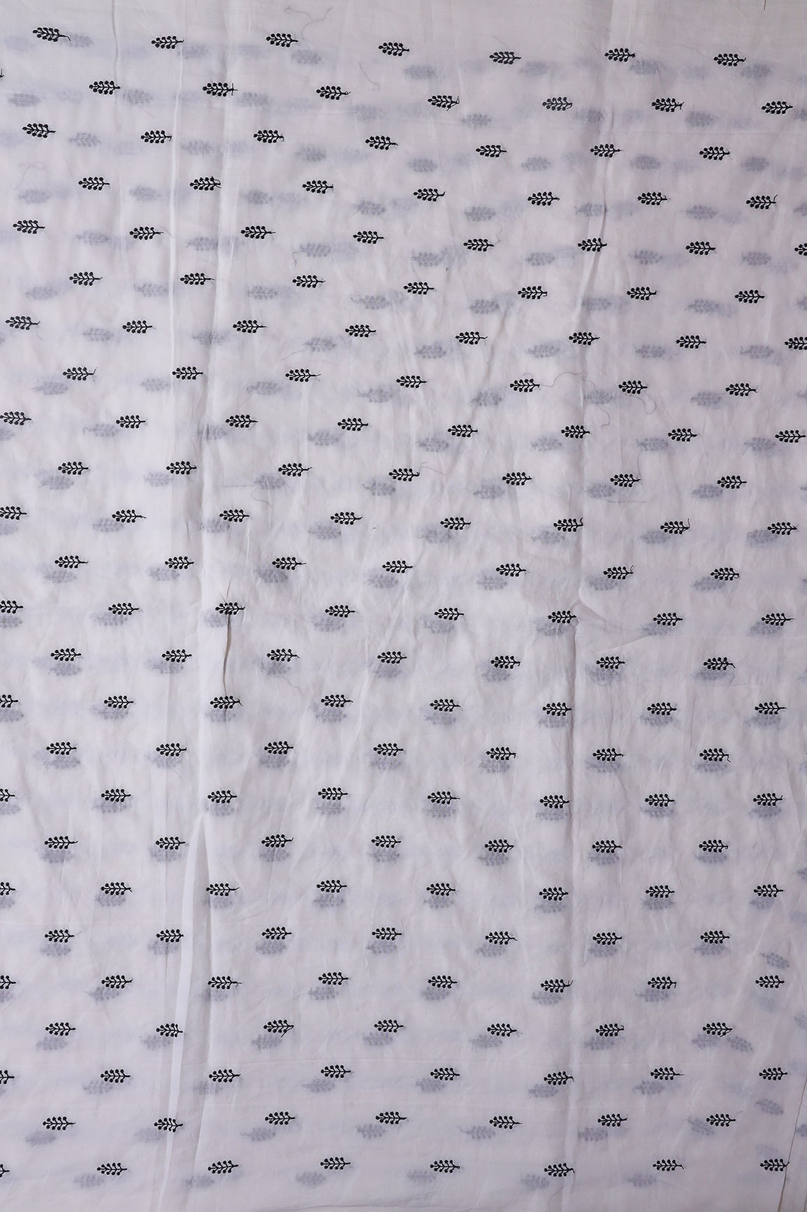 Black Thread Leafy Embroidery On White Pure Mul Cotton Fabric - doeraa