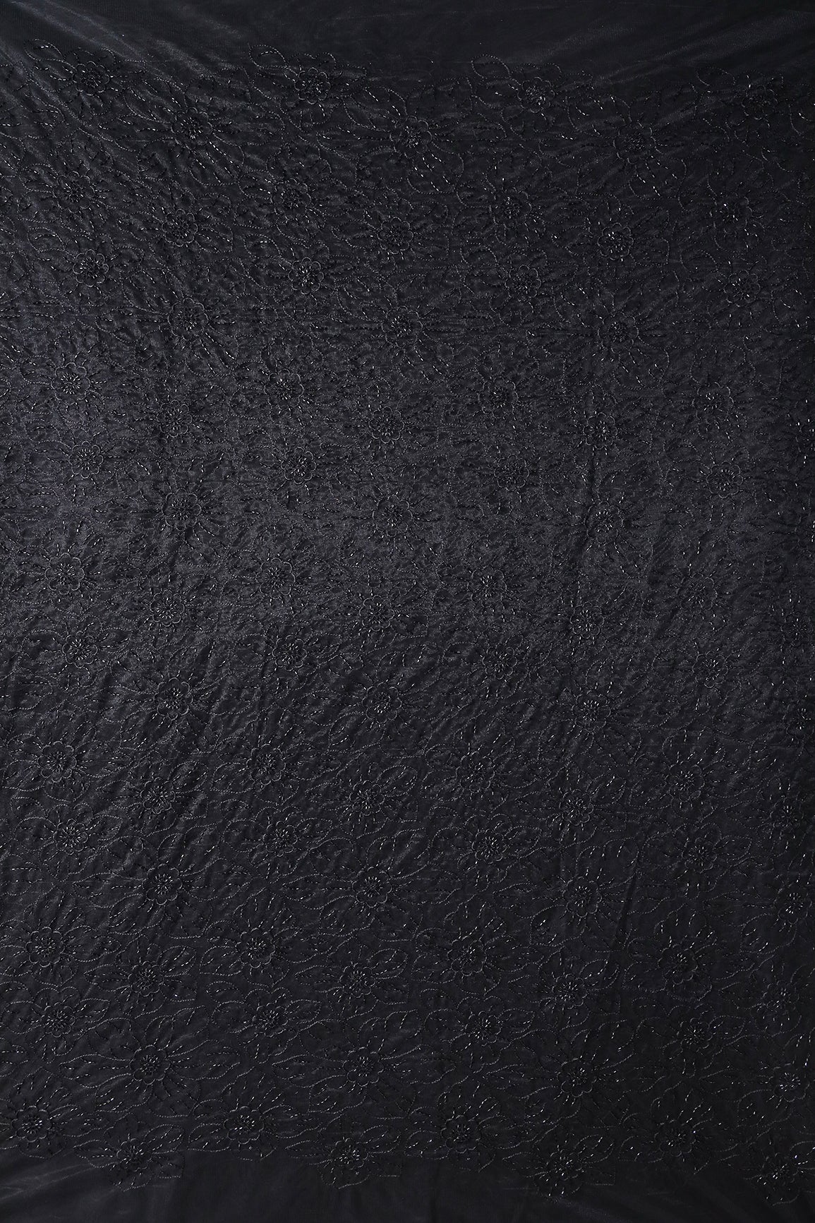 Black Thread With Beads Floral Embroidery Work On Black Soft Net Fabric - doeraa