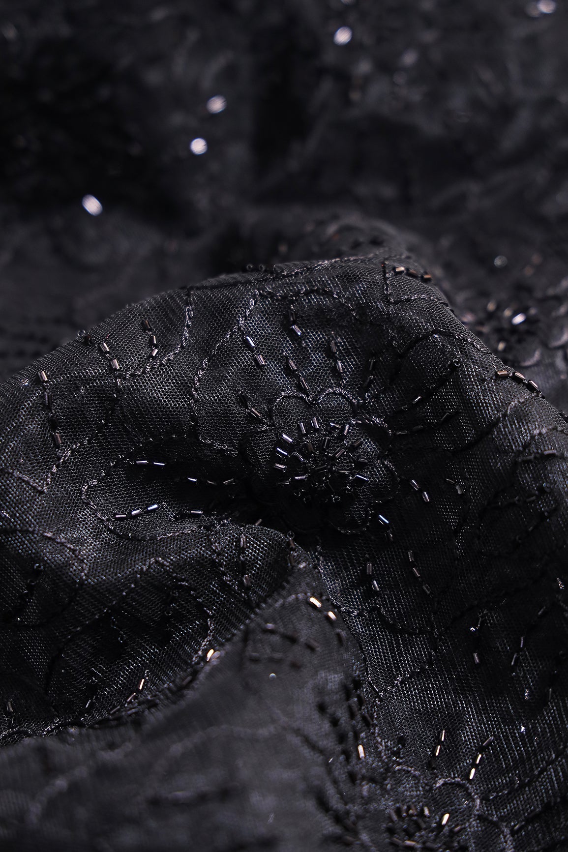 Black Thread With Beads Floral Embroidery Work On Black Soft Net Fabric - doeraa