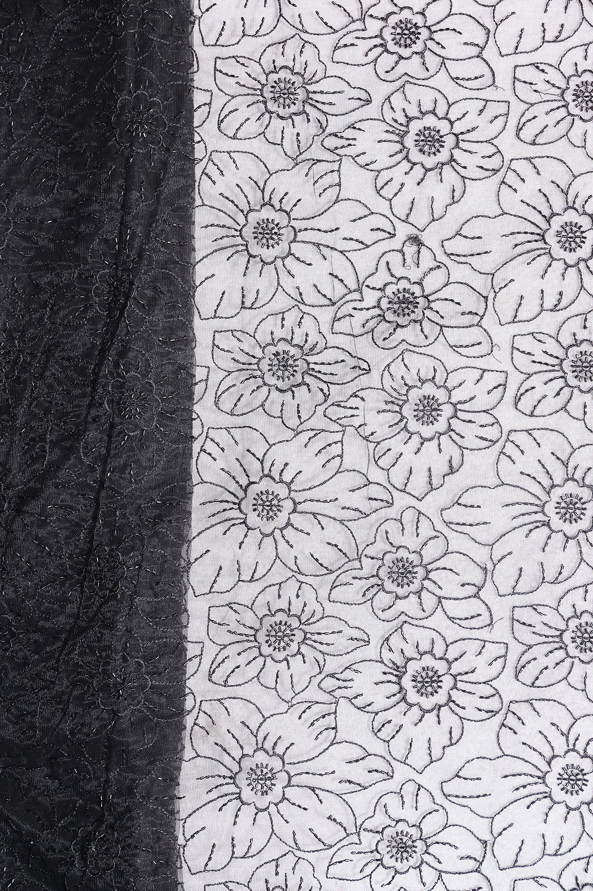 Black Thread With Beads Floral Embroidery Work On Black Soft Net Fabric - doeraa