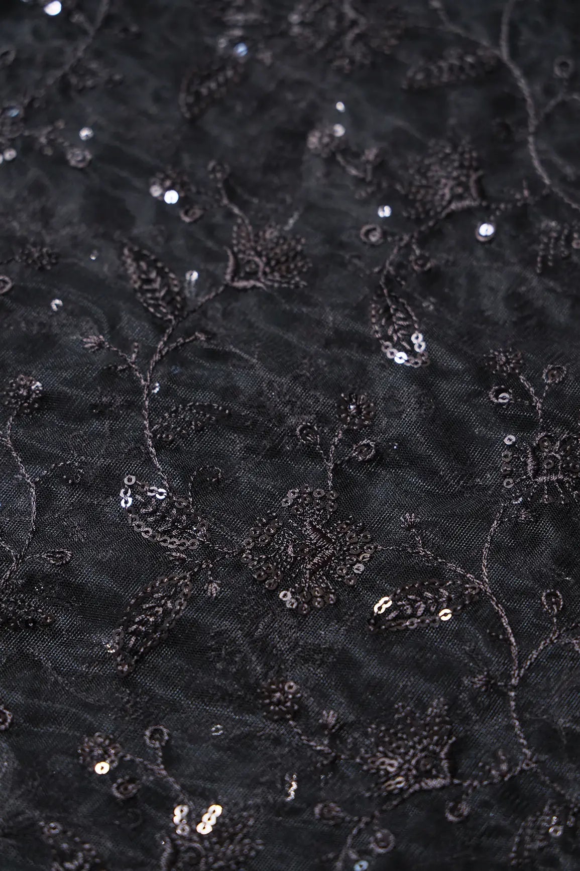 Black Thread With Black Sequins Floral Embroidery On Black Soft Net Fabric - doeraa