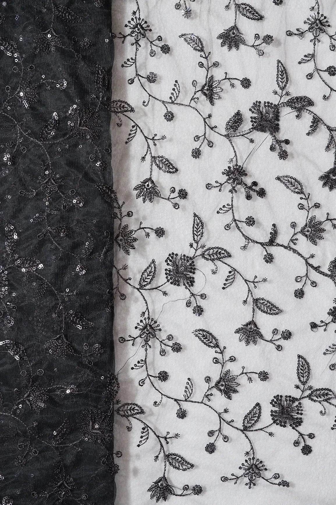 Black Thread With Black Sequins Floral Embroidery On Black Soft Net Fabric - doeraa