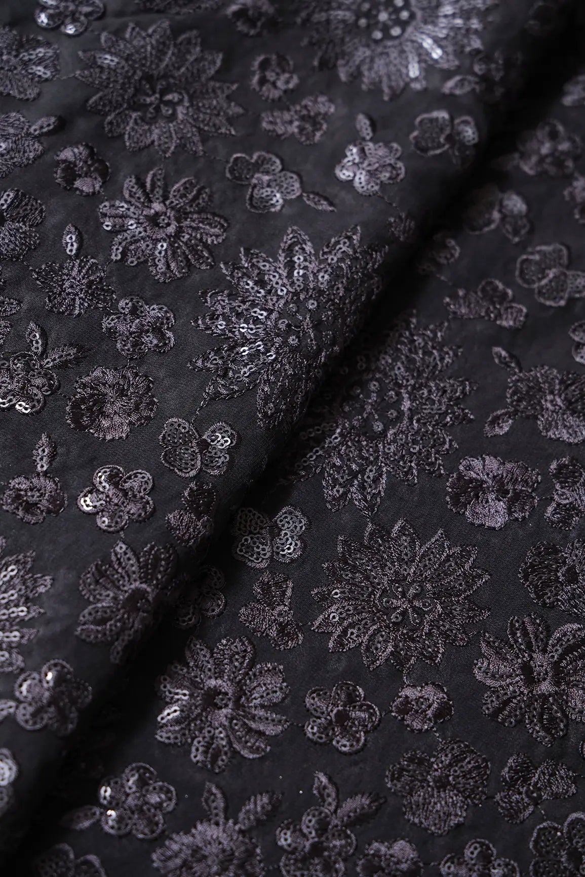 Black Thread With Black Sequins Floral Embroidery Work On Black Viscose Georgette Fabric - doeraa